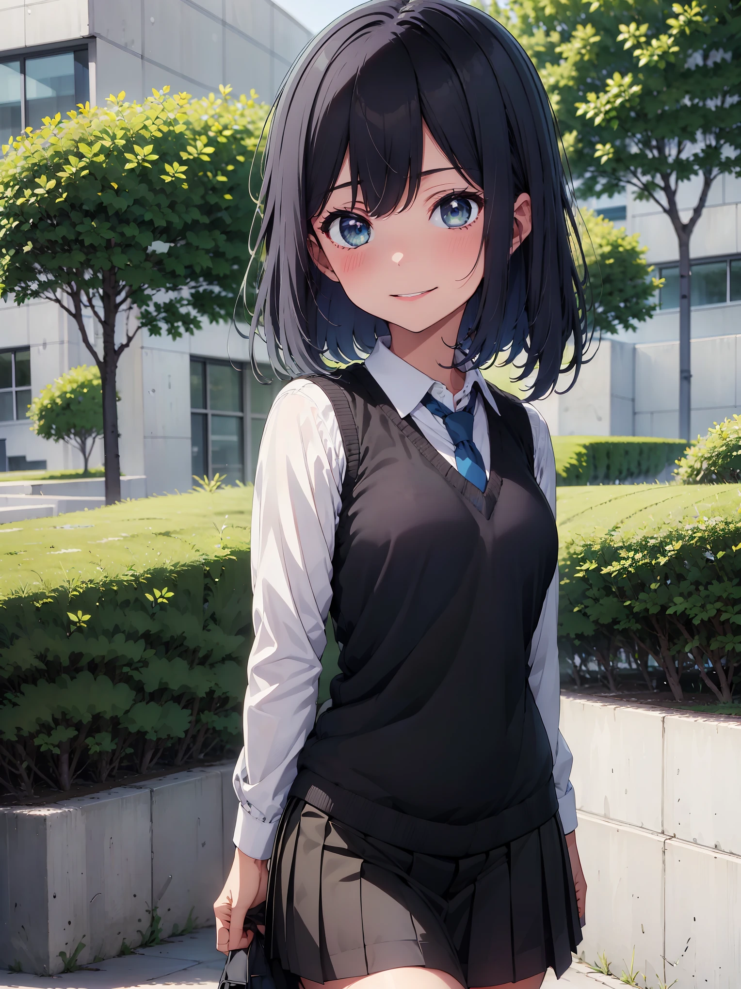 (masterpiece, highest quality:1.2), 1 girl, alone, Akane Kurokawa, 1 girl, dark blue hair, medium hair, one length bob, Added bangs to add brightness to the face, Hair ends remain thick overall. , blue eyes, green eyes, school uniform, white shirt, collared shirt, vest, white shirt, sweater vest, black vest, blue tie, gray pleated skirt, smile, In a field of colorful flowers