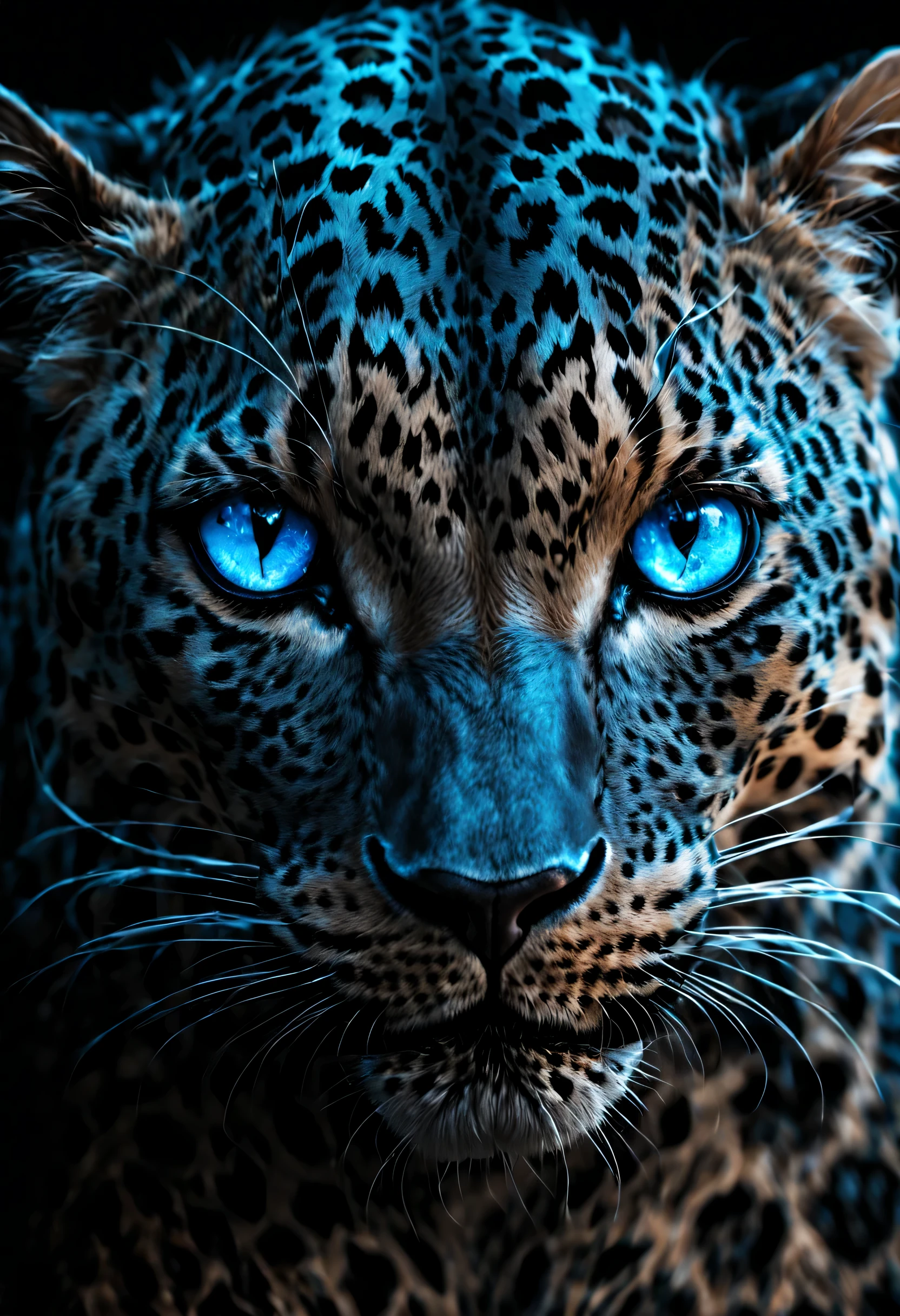 leopard, dark mood, darkness, blue glowing eyes, dark fantasy, close up, dark background, blue eyes in darkness