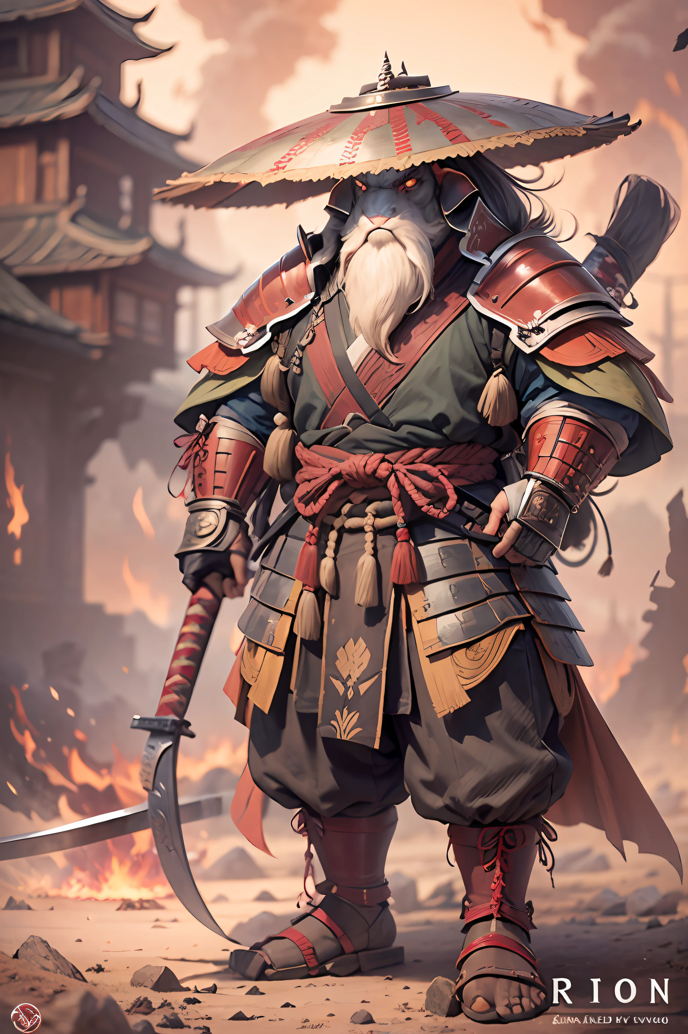 （anthropomorphic turtle），（White elephant samurai：1.4），Super tall，The limbs are very stout，Look at me condescendingly，disdain，despise，The long hairs of the flame fluttered in the wind，combats，Dynamic lines，Dimly lit battlefield，fire glow，Ruined castle，（stereoscopic perspective：1.4），Works of masters，super-fine，4K分辨率，high qulity，电影灯光，High picture detail，Detailed pubic hair，Epic shooting，Clearly focused hair，Detailed hair depiction，acurate