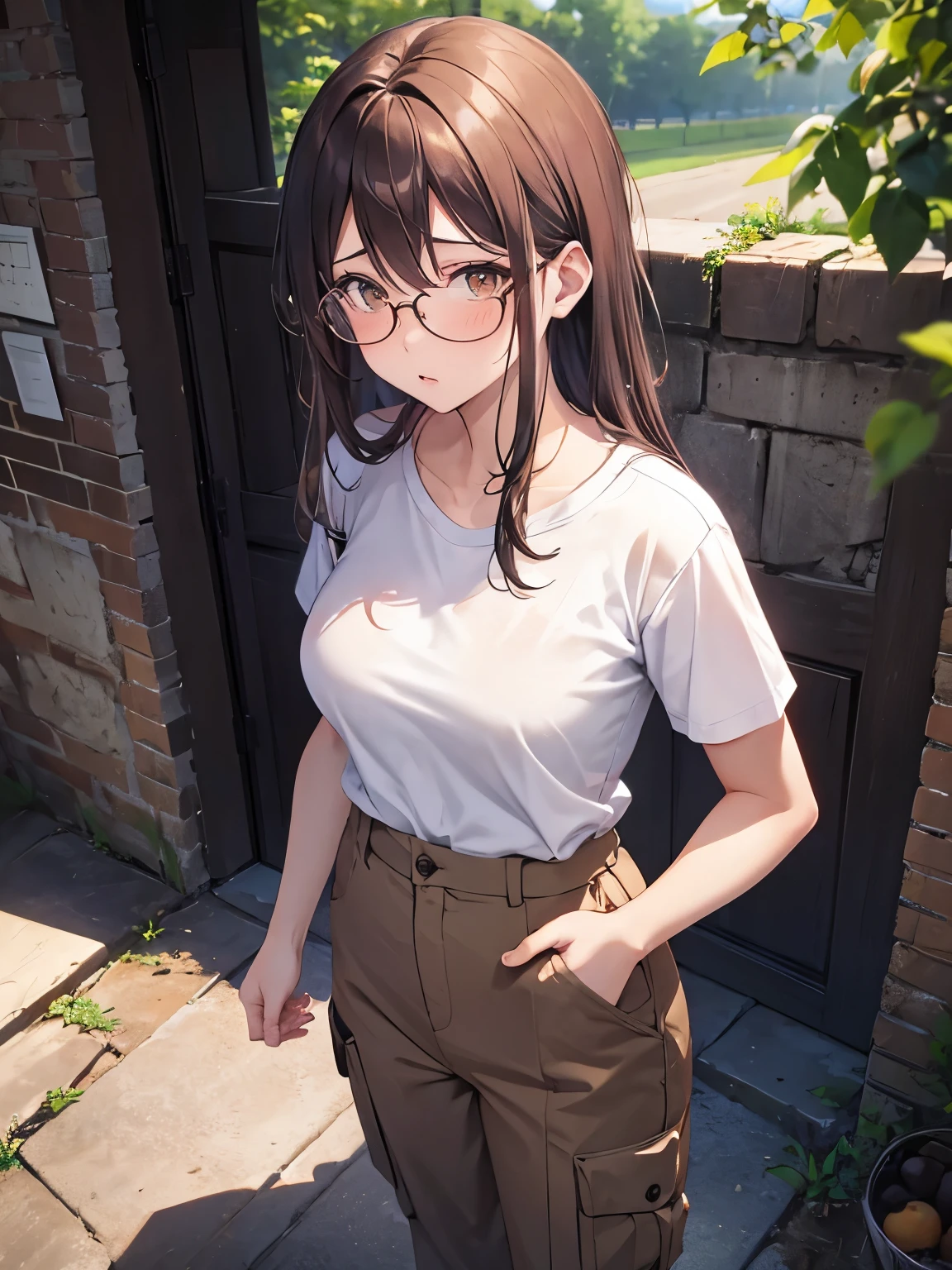 Masterpiece, farm, woman, nervous expression, sweating, shy, standing, brown hair, orange eyes, white t-shirt, cargo trousers, glasses