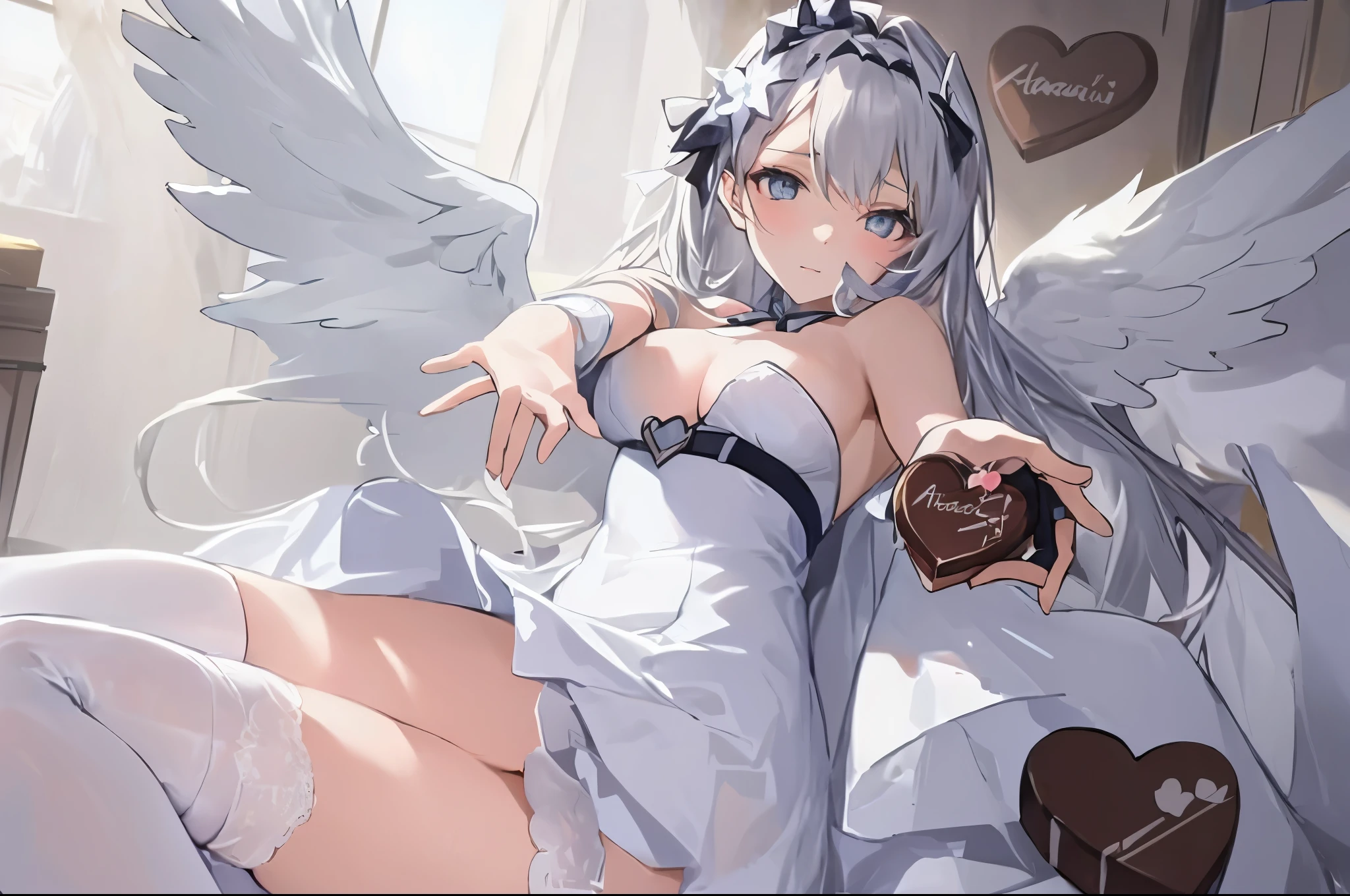 Reaching out (In my hand is a box of Hershey's handmade heart chocolates1;1)Girl with anime angel wings on her back in a white dress with big breasts, anime goddess, seductive anime girl, beautiful attractive anime woman, small details. girls frontline, Highly rated on pixiv, from girls frontline, Kushart Krenz Key Art Feminine, azur lane style, Anime barbie wearing white stockings, From the Azur Lane video game