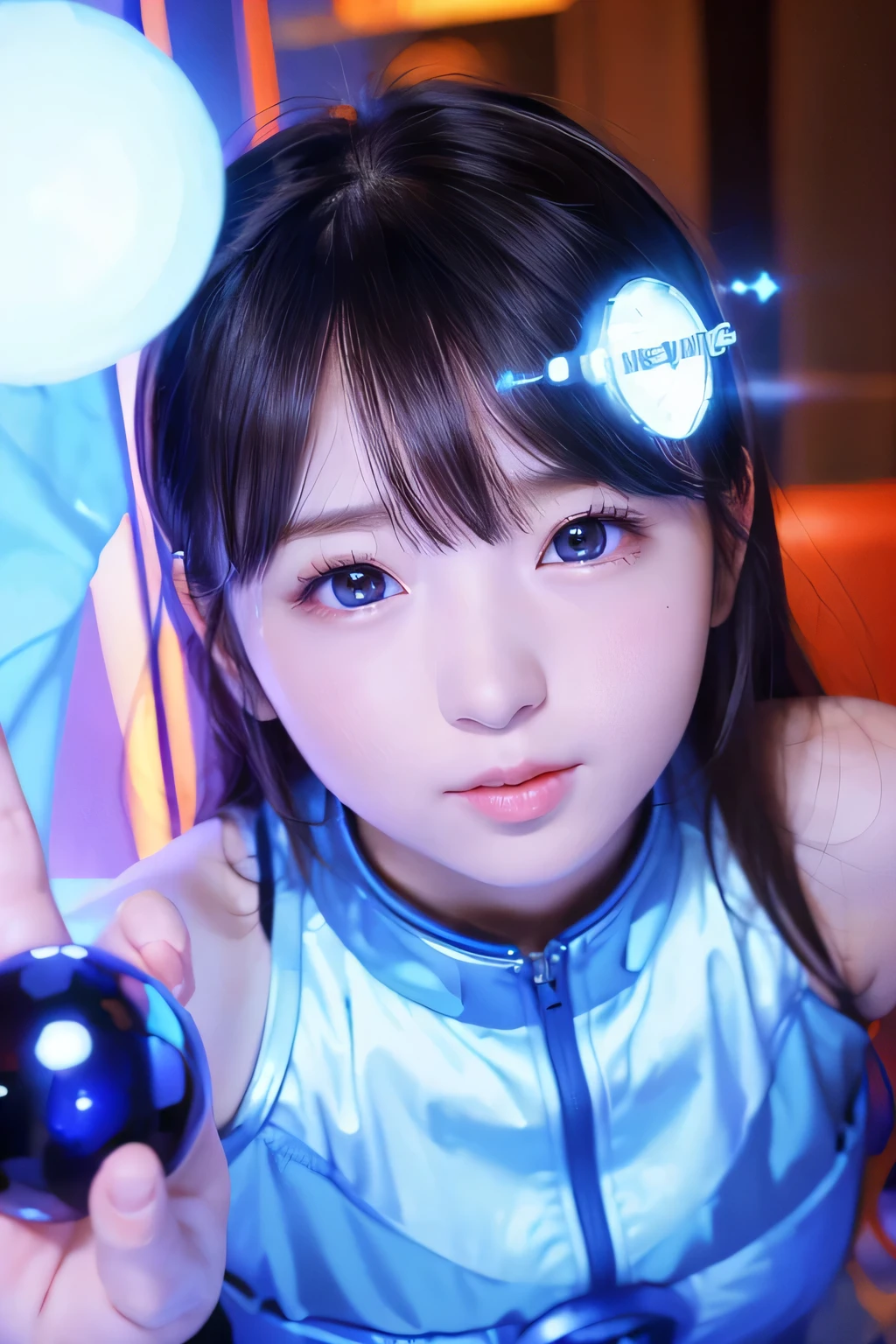 ８K, portrait, portrait, (alone), masterpiece, highest quality, It has a plasma ball that glows blue.、 (slim)、flat body、、cute、round face、、((close-up of face photo))、wear a gramophone costume、super crazy long hair