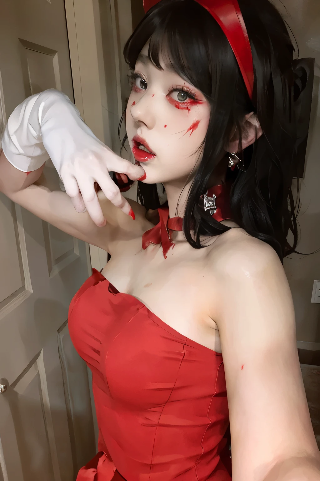 there is a woman in a red dress with a bloody face, anime girl cosplay, rin tohsaka, cosplay, anime cosplay, gapmoe yandere, realistic cosplay, anime girl in real life, professional cosplay, ((red)) baggy eyes, anime character; full body art, anime inspired, clean brutal blooded face, ahegao, cosplay photo, yandere