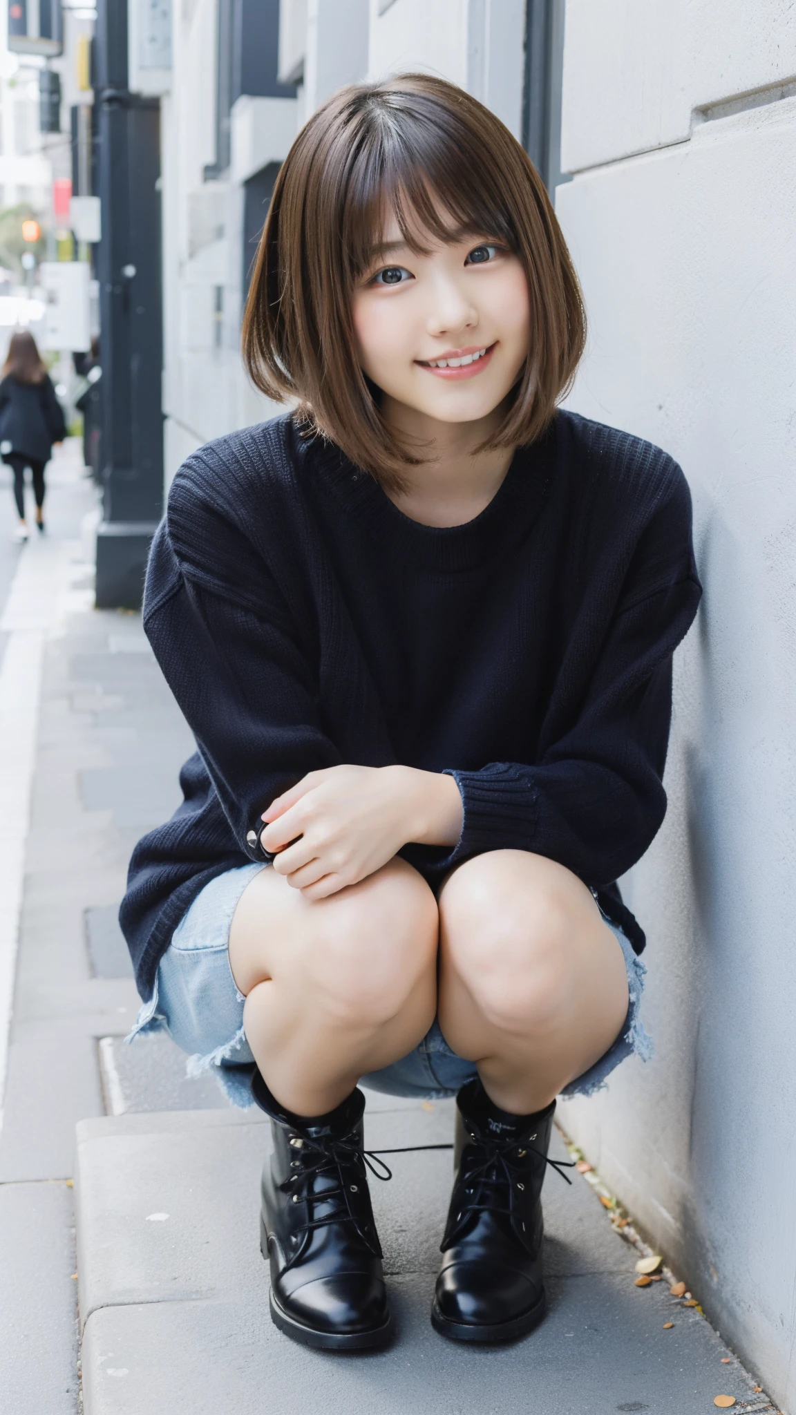 Photo taken by a professional photographer,laughter:1.5,Close-up of a 30-year-old Japanese woman squatting on the sidewalk, wearing a sweater, Short-cut brown hair, hair is disheveled,young and cute girl, wear a miniskirt:1.5,Wear stylish boots,Fancy makeup with red eyeshadow,Beautiful thighs are visible,Squatting with crotch open facing the front:1.5,I can see black panties:1.5,