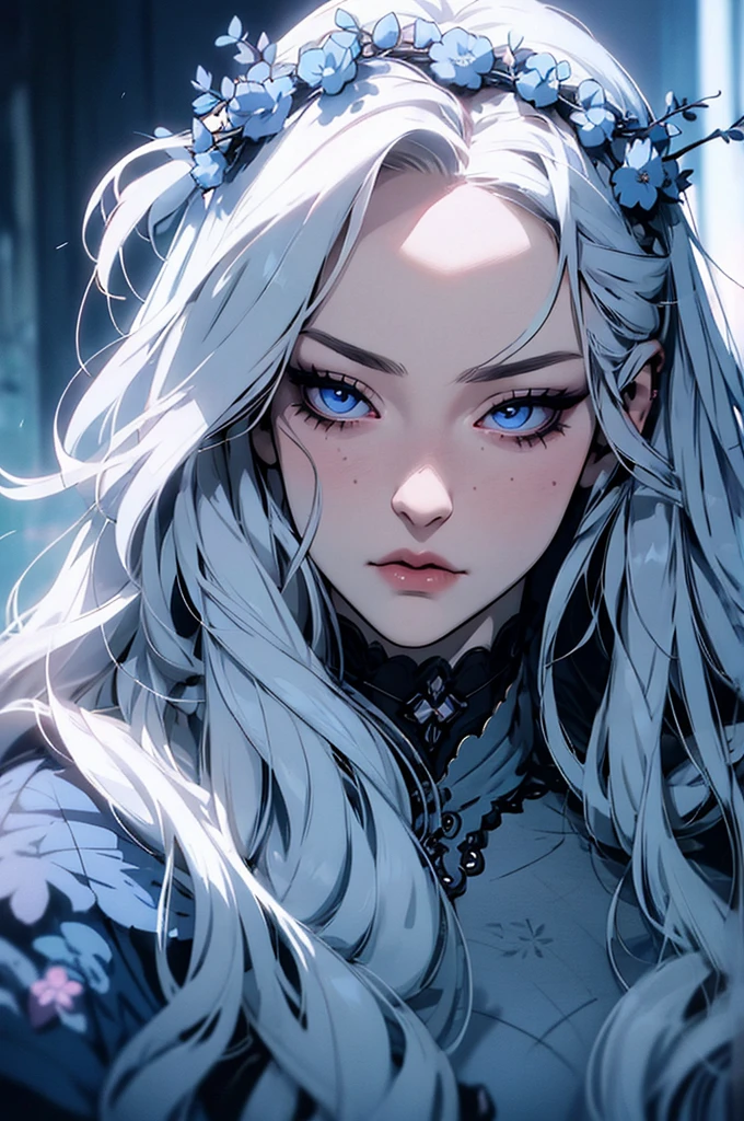 hyper-realistic portrait of a mysterious woman with flowing silver hair, piercing blue eyes, and a delicate floral crown,