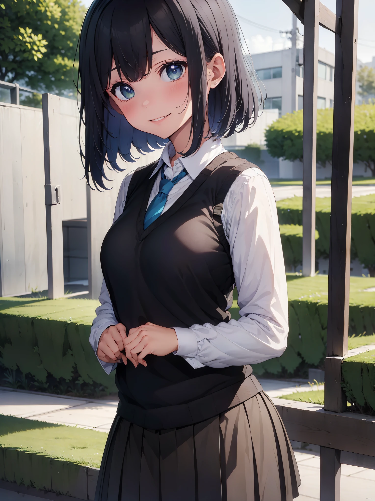 (masterpiece, highest quality:1.2), 1 girl, alone, Akane Kurokawa, 1 girl, dark blue hair, medium hair, one length bob, Added bangs to add brightness to the face, Hair ends remain thick overall. , blue eyes, green eyes, school uniform, white shirt, collared shirt, vest, white shirt, sweater vest, black vest, blue tie, gray pleated skirt, smile, In a field of colorful flowers