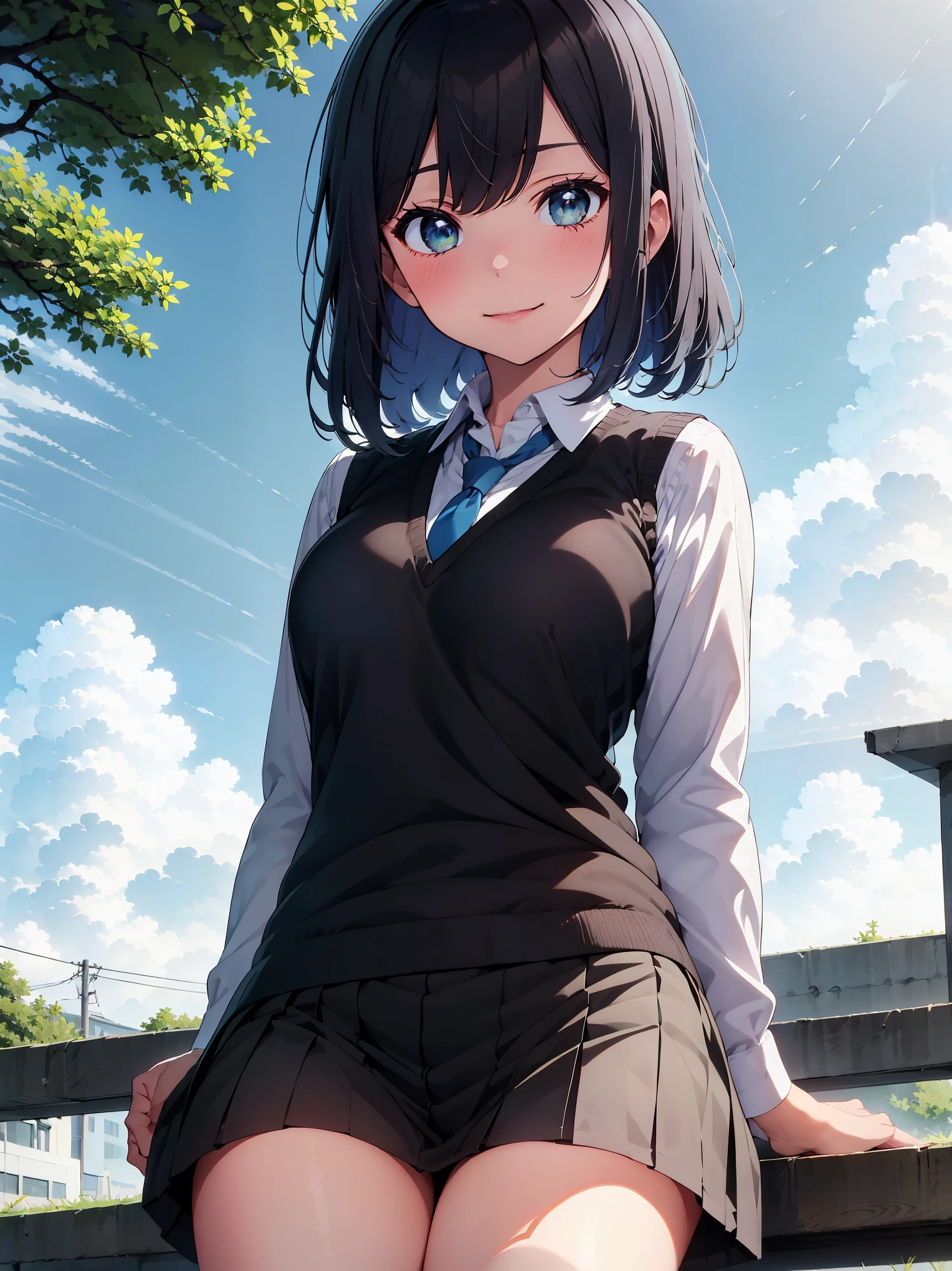 (masterpiece, highest quality:1.2), 1 girl, alone, Akane Kurokawa, 1 girl, dark blue hair, medium hair, one length bob, Added bangs to add brightness to the face, Hair ends remain thick overall. , blue eyes, green eyes, school uniform, white shirt, collared shirt, vest, white shirt, sweater vest, black vest, blue tie, gray pleated skirt, smile, In a field of colorful flowers