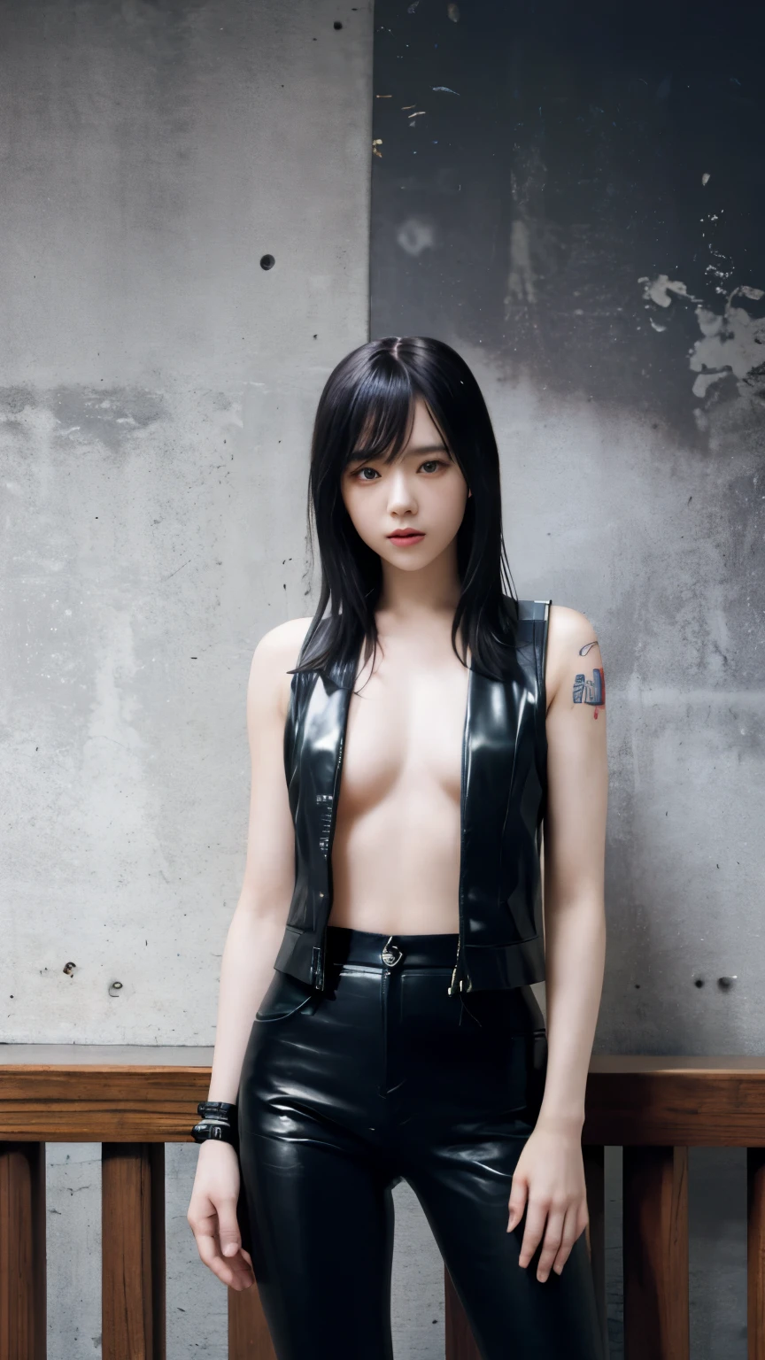 highest quality,masterpiece,Super detailed,8K, UHD,Beautiful woman,japanese woman,Expressionless,(Topless),whole body,((tattoo)),slim,Black leather pants,black leather vest,(female mafia),gangster,(cyberpunk city),night,cinematic lightening,movie poster,underworld