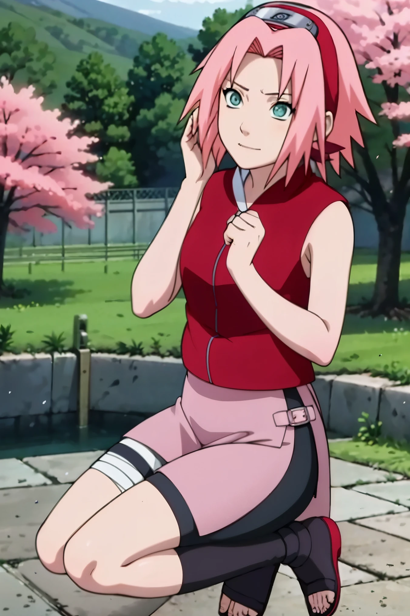  "Sakura Shippuden" with vivid colors, perfect for 4K or 8K resolutions. The scene depicts Sakura Haruno, a young woman, standing gracefully in a garden surrounded by blooming sakura (cherry blossom) trees. She is wearing a red jacket embroidered with the symbol of Konohagakure, the Hidden Leaf Village. Her leg is bandaged, indicating a recent injury. Sakura is wearing a short skirt and toeless footwear, emphasizing her femininity and agility