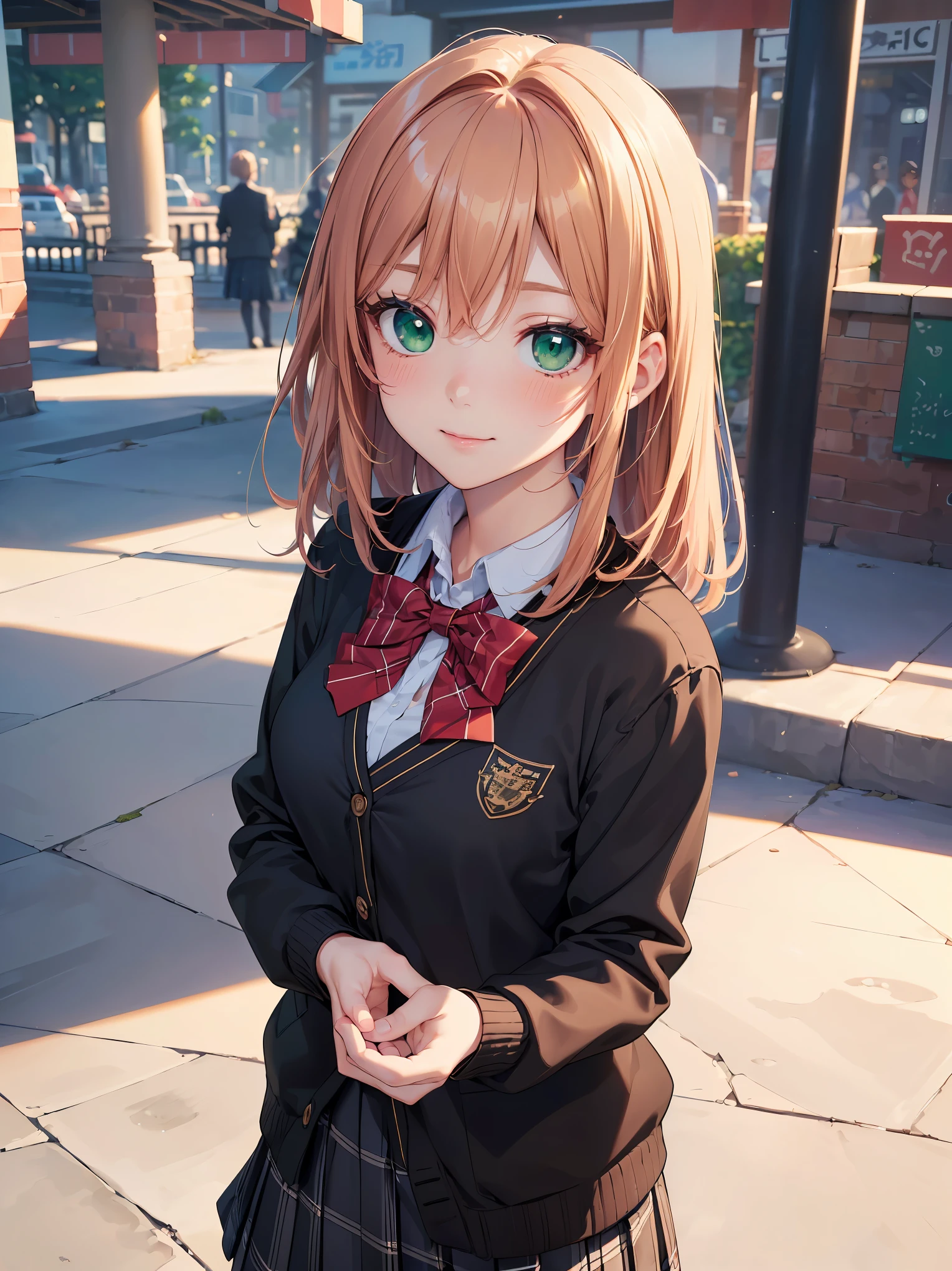((masterpiece, best quality, highres, UHD, perfect pixel, depth of field, 4k, RTX, HDR))), 1girl, single, solo, beautiful anime girl, beautiful artstyle, anime character, ((long hair, bangs, brown hair, curly hair:0.5)), ((green eyes:1.4, rounded eyes, beautiful eyelashes, realistic eyes)), ((detailed face, blushing:1.2)), ((smooth texture:0.75, realistic texture:0.65, photorealistic:1.1, anime CG style)), medium breasts, dynamic angle, perfect body, ((portrait, pov)), ((red bowtie, school uniform, black jacket, open jacket, brown cardigan, white shirt, black skirt, plaid skirt)), smile, hands up, amusement park
