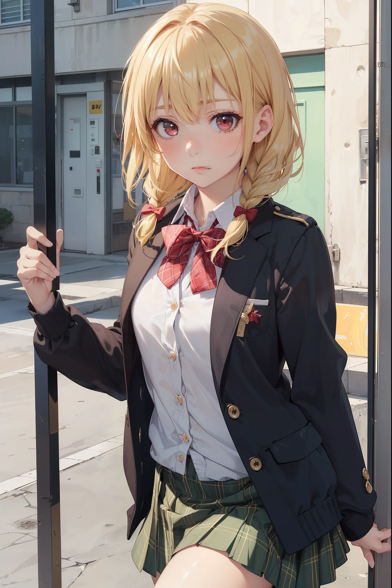 ((Masterpiece, Top Quality, High Resolution, UHD, Perfect Pixel, Depth of Field, 8k, RTX, HDR)), 1 Girl, Single, Solo, Beautiful Anime Girl, Beautiful Art Style, Rustic Anime Character, ((One Legs Bob, Medium Hair, Bangs, Blonde Hair Braids: 0 .5))), ((Deep Red Deep Red Color Eyes: 1.4, Round Eyes, Beautiful Eyelashes, Realistic Eyes)), ((Detailed Face, Blush: 1.2)), ((Smooth Texture: 0.75, Realistic Texture: 0.65, Photo Realistic: 1.1, Anime CG Style)), Dynamic Angle, Perfect Body, (( Portrait, framed)), ((green and yellow starched bow tie, uniform, black jacket, open jacket, deep red cardigan, white shirt, black skirt, plaid skirt)), mocking, mocking, small, small raspberry, cute, very cute raspberry, Really ridiculously cute and adorable little raspberry.