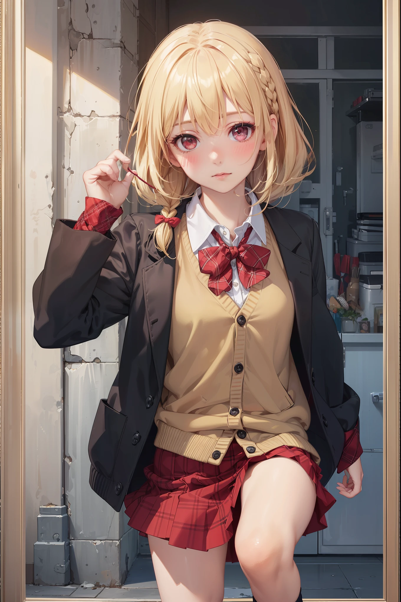 ((Masterpiece, Top Quality, High Resolution, UHD, Perfect Pixel, Depth of Field, 8k, RTX, HDR)), 1 Girl, Single, Solo, Beautiful Anime Girl, Beautiful Art Style, Rustic Anime Character, ((One Legs Bob, Medium Hair, Bangs, Blonde Hair Braids: 0 .5))), ((Deep Red Deep Red Color Eyes: 1.4, Round Eyes, Beautiful Eyelashes, Realistic Eyes)), ((Detailed Face, Blush: 1.2)), ((Smooth Texture: 0.75, Realistic Texture: 0.65, Photo Realistic: 1.1, Anime CG Style)), Dynamic Angle, Perfect Body, (( Portrait, framed)), ((green and yellow starched bow tie, uniform, black jacket, open jacket, deep red cardigan, white shirt, black skirt, plaid skirt)), mocking, mocking, small, small raspberry, cute, very cute raspberry, Really ridiculously cute and adorable little raspberry.
