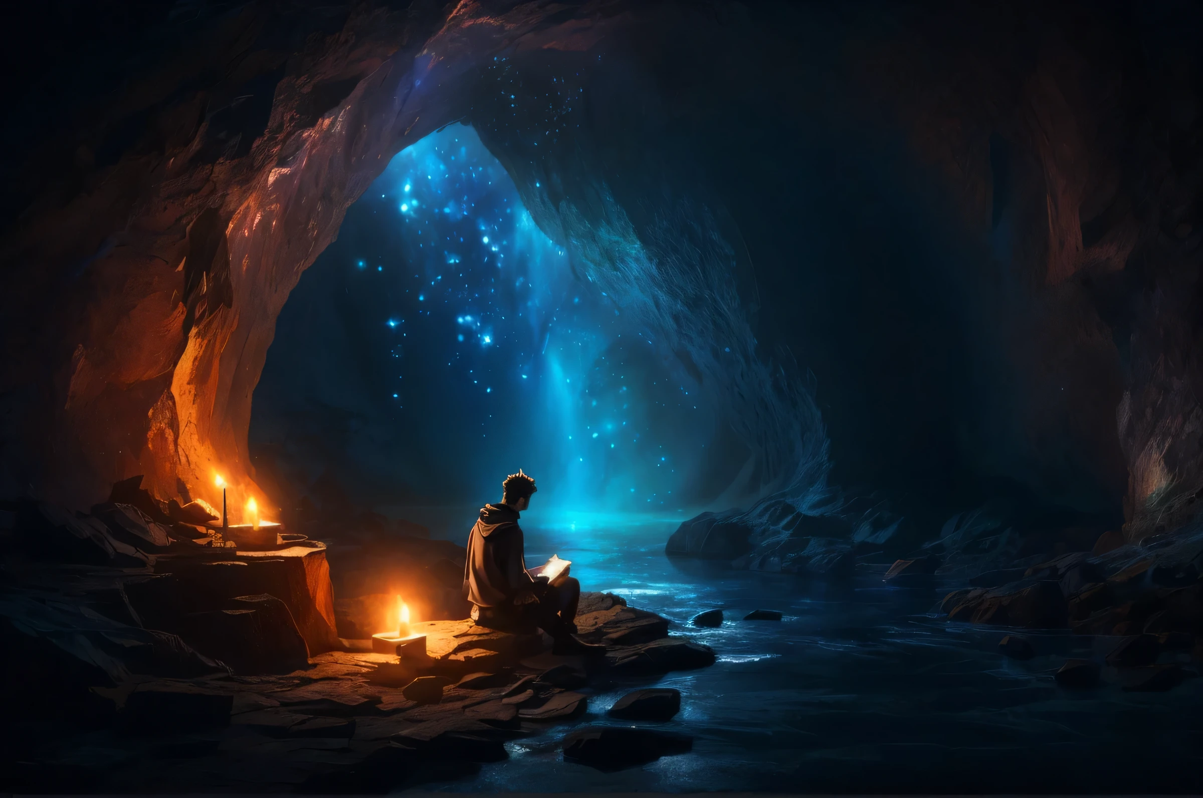 tem um homem sentado numa caverna com uma vela, Magic Cave, bela cena da caverna da fantasia, estudando um portal de fenda aberta no inferno, magical atmosphere, Mystical scene, jessica rossier fantasia arte, lost em uma caverna, dreamlike digital painting, em uma caverna, elven spirit meditating in space, Pintura digital de fantasia, magical concept art, Livros Cave