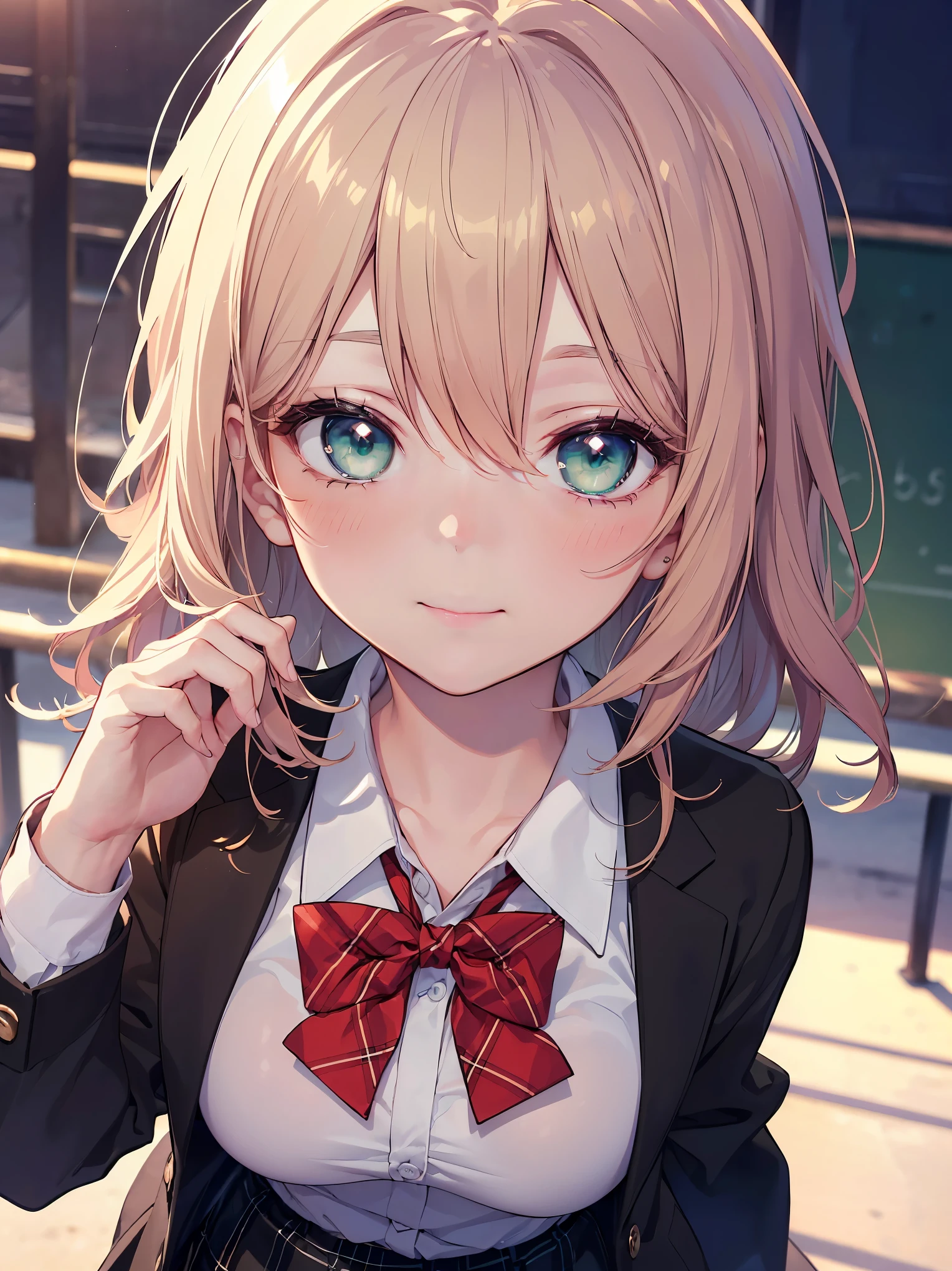 ((masterpiece, best quality, highres, UHD, perfect pixel, depth of field, 4k, RTX, HDR))), 1girl, single, solo, beautiful anime girl, beautiful artstyle, anime character, ((long hair, bangs, brown hair, curly hair:0.5)), ((green eyes:1.4, rounded eyes, beautiful eyelashes, realistic eyes)), ((detailed face, blushing:1.2)), ((smooth texture:0.75, realistic texture:0.65, photorealistic:1.1, anime CG style)), medium breasts, dynamic angle, perfect body, ((portrait, pov)), ((red bowtie, school uniform, black jacket, open jacket, brown cardigan, white shirt, black skirt, plaid skirt)), smile, hands up, amusement park