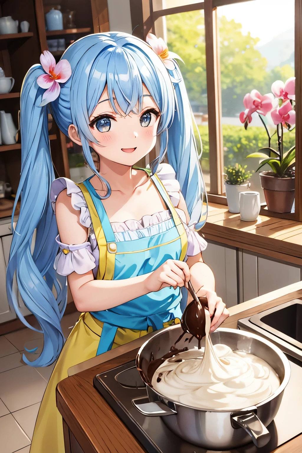 A kitchen full of orchid flowers、pet dog and beautiful girl、light blue long hair、Hair style is twin tails、A happy smile、yellow costume and floral apron、making chocolate for valentine、