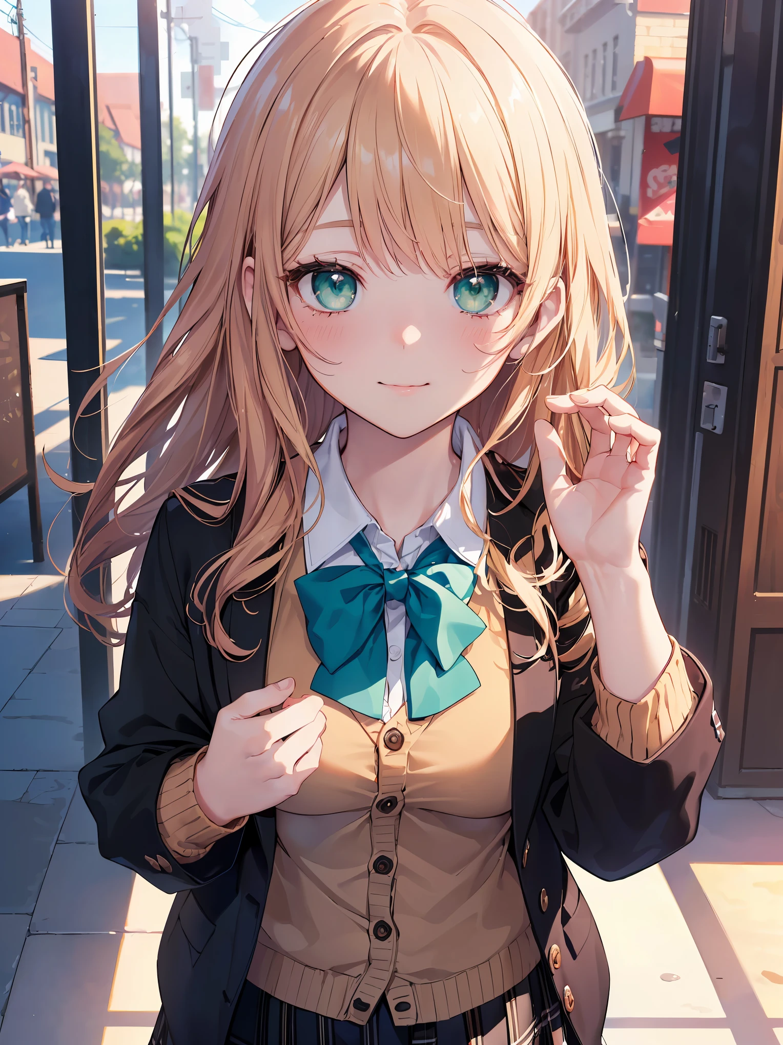 ((masterpiece, best quality, highres, UHD, perfect pixel, depth of field, 4k, RTX, HDR))), 1girl, single, solo, beautiful anime girl, beautiful artstyle, anime character, ((long hair, bangs, brown hair, curly hair:0.5)), ((green eyes:1.4, rounded eyes, beautiful eyelashes, realistic eyes)), ((detailed face, blushing:1.2)), ((smooth texture:0.75, realistic texture:0.65, photorealistic:1.1, anime CG style)), medium breasts, dynamic angle, perfect body, ((portrait, pov)), ((red bowtie, school uniform, black jacket, open jacket, brown cardigan, white shirt, black skirt, plaid skirt)), smile, hands up, amusement park