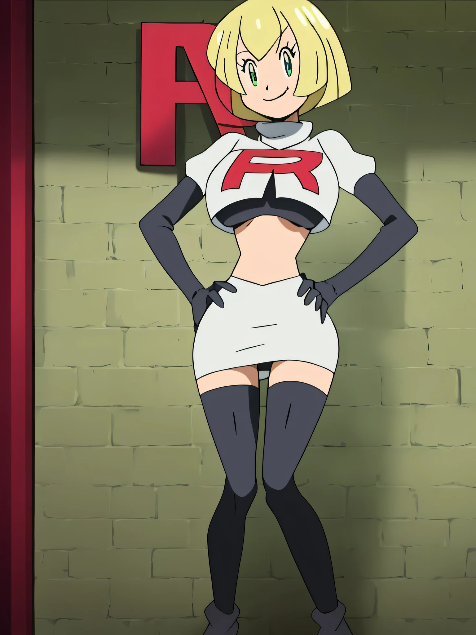 8k, anime screencap,1girl in, (solo:1.1), (perfect body:1.1), (best quality:1.1), very large breast, team rocket uniform, red letter r, white skirt,white crop top,black thigh-high boots, black elbow gloves, evil smile, looking down at viewer, hands on hips,zettai ryouiki, cowboy shot