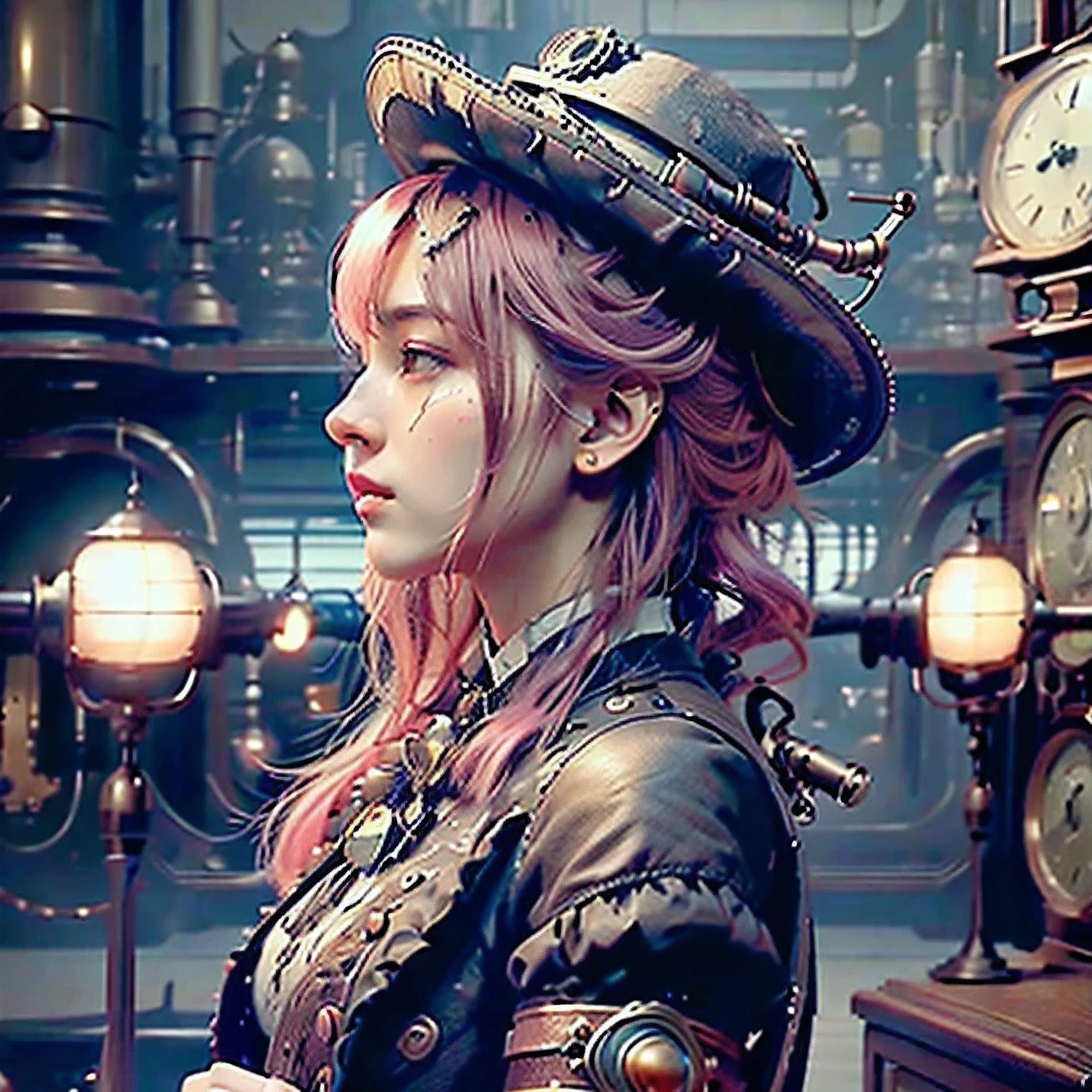 best quality, masterpiece, hyper detail, 8 thousand, RAW photos, realistic light, cinematic composition, victorian era background, depth of field, steampunk concept, 18 year old cute western girl, Profile photo looking straight ahead, Fedora and clothing with steampunk design, cute sexy, depth of field, (Concentrate upon: 1.2), Bright atmosphere, In dynamic movement, cinematic lighting, Delicate face and skin texture, good eyes, Pink hair color, action movie style, vivid colors