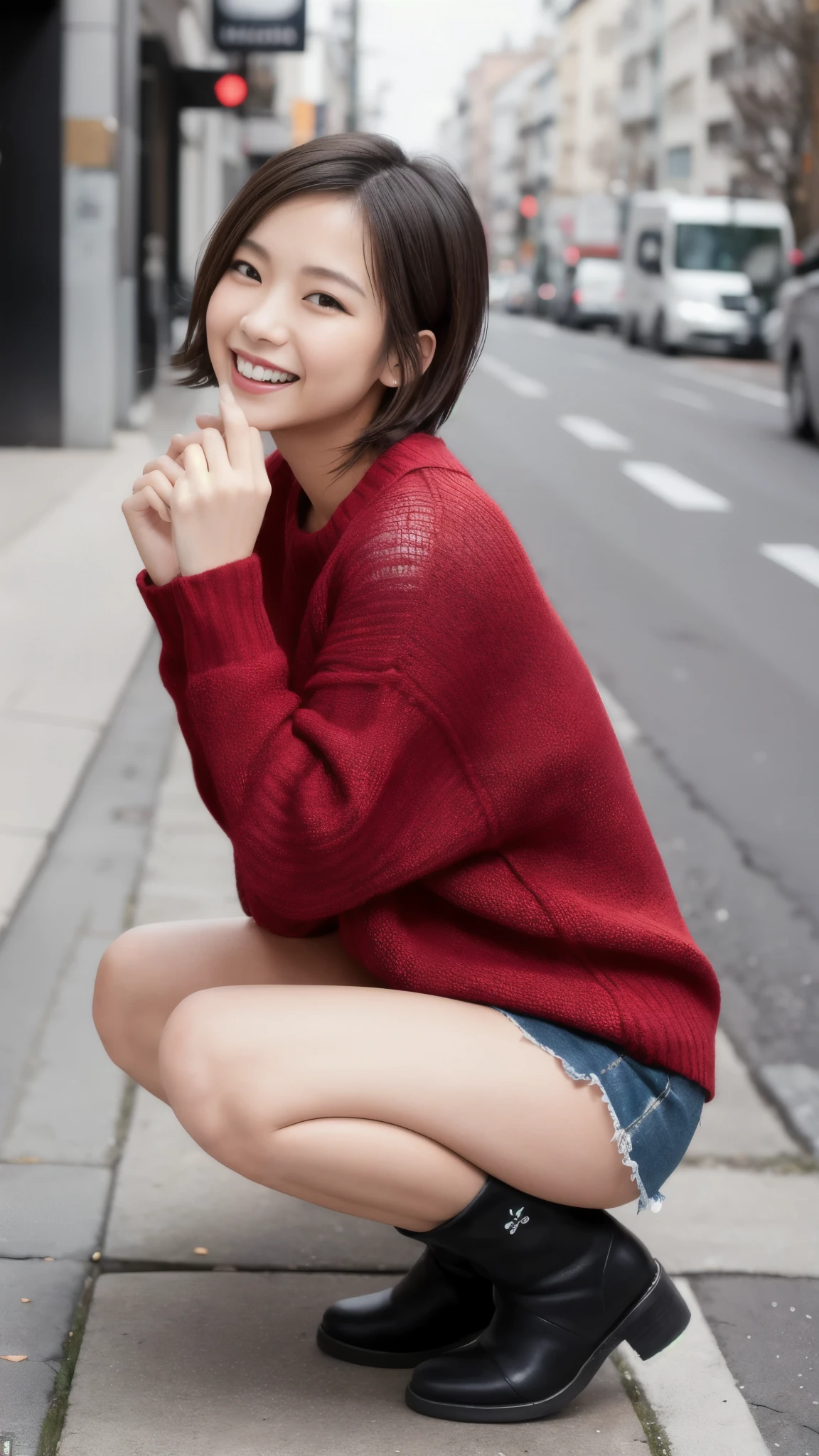 Photo taken by a professional photographer，laughter:1.5，Close-up of a 25-year-old Japanese woman squatting on the sidewalk, wearing a sweater, Short-cut brown hair, hair is disheveled，young and cute girl, wear a miniskirt:1.5，Wear stylish boots，Fancy makeup with red eyeshadow，Beautiful thighs are visible，squatting facing forward，