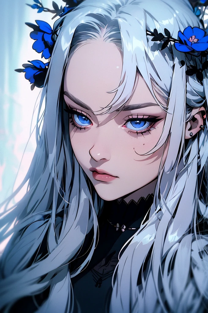 hyper-realistic portrait of a mysterious woman with flowing silver hair, piercing blue eyes, and a delicate floral crown,