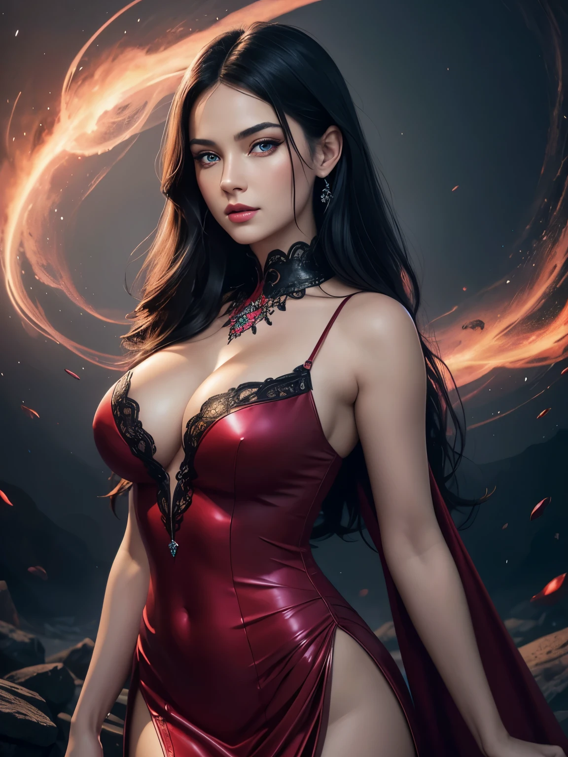 Portrait, beautiful woman with black hair and a silky red dress, hourglass figure, symmetrical figure, medium breasts, highly detailed face, beautiful face, calming blue eyes, lush pink lips, alluring, flirting with camera, stunning digital illustration, red lightning storm fantasy background, beautiful digital artwork, magenta lighting, glossy digital painting, gorgeous digital art, 4k detailed digital art, beautiful digital illustration, 4k highly detailed digital art, beautiful digital art, realistic digital art 4k, realistic digital art 4k, airbrush digital art