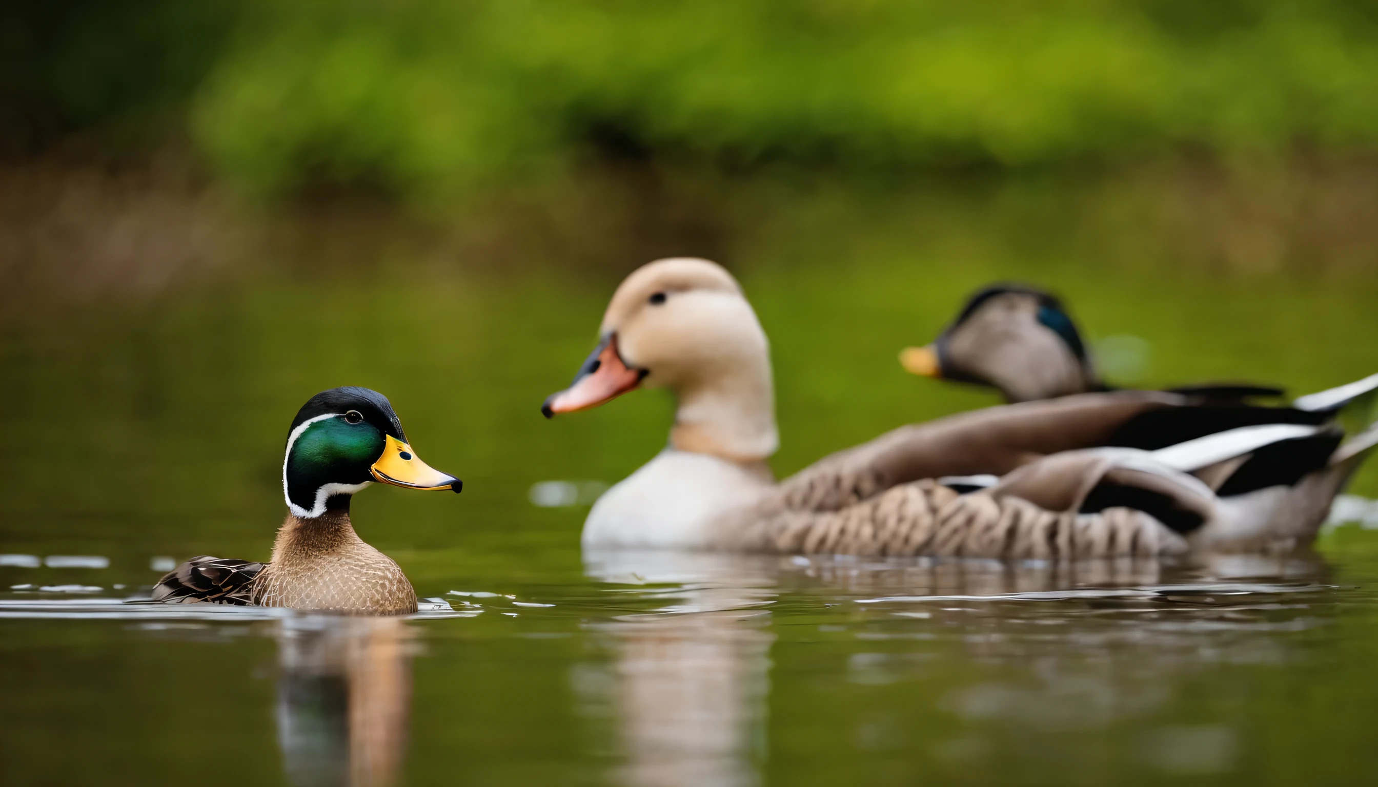 Feeding Habits: Showcase ducks engaging in their omnivorous diet. Include images of them foraging for aquatic plants, chasing insects, and dabbling in the water to find nourishment.