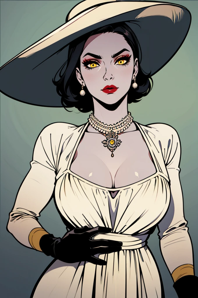 Alcina, yellow eyes,black hair,short hair, lipstick, mature woman, make up, veiny skin, curvy, white dress, hat, single earring, cleavage, pearl necklace, black gloves, 1girl, solo, facing viewer, looking at viewer, whole body, backwards, looking at us