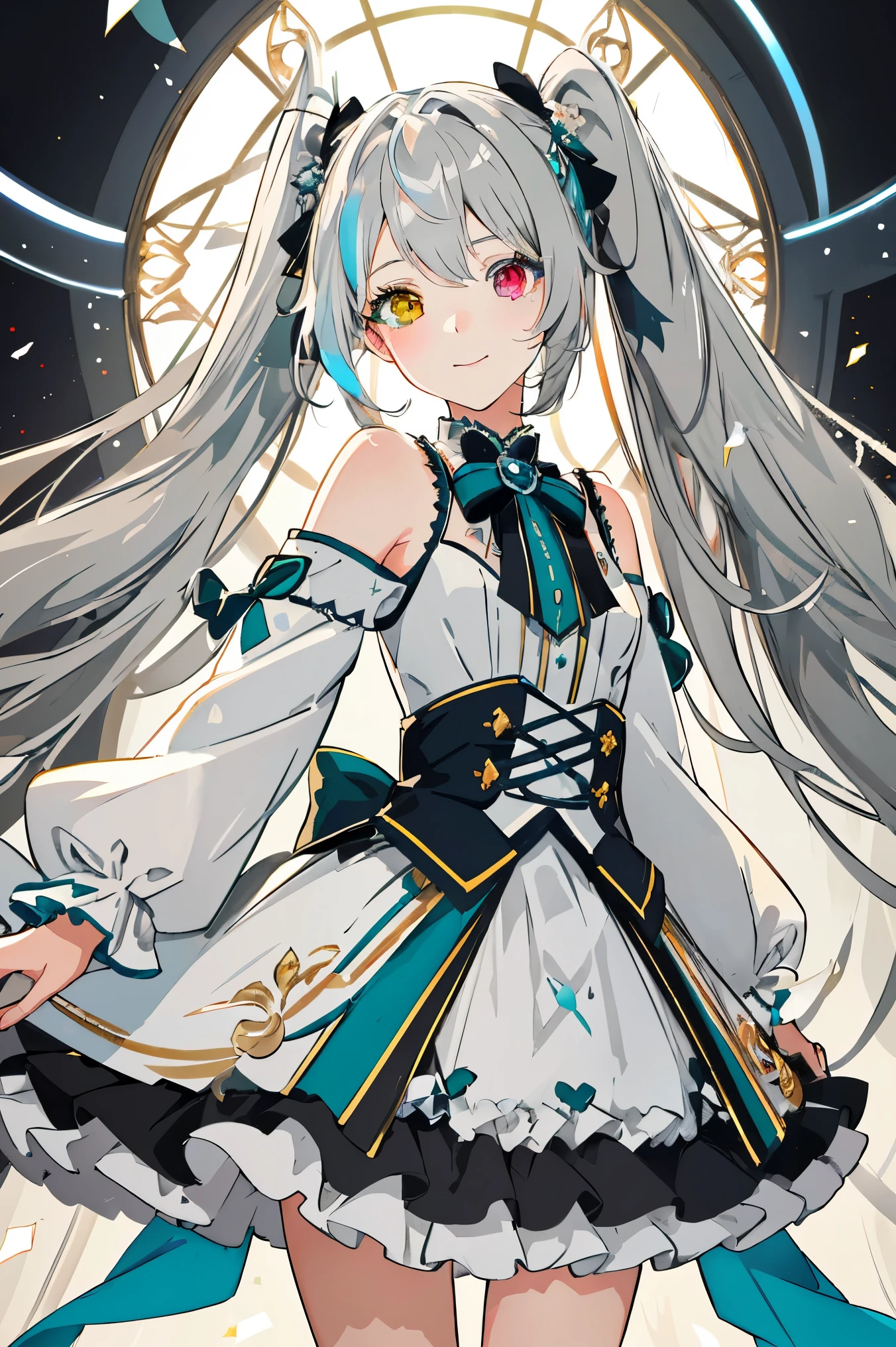 masterpiece, highest quality, super detailed, figure, very delicate and beautiful,
1 girl, alone, light smile,
hatsune miku,twin tails,(live stage), particles of light, ((gray hair)), fluffy hair, ((((heterochromia)))), ((red eyes)), green eyes