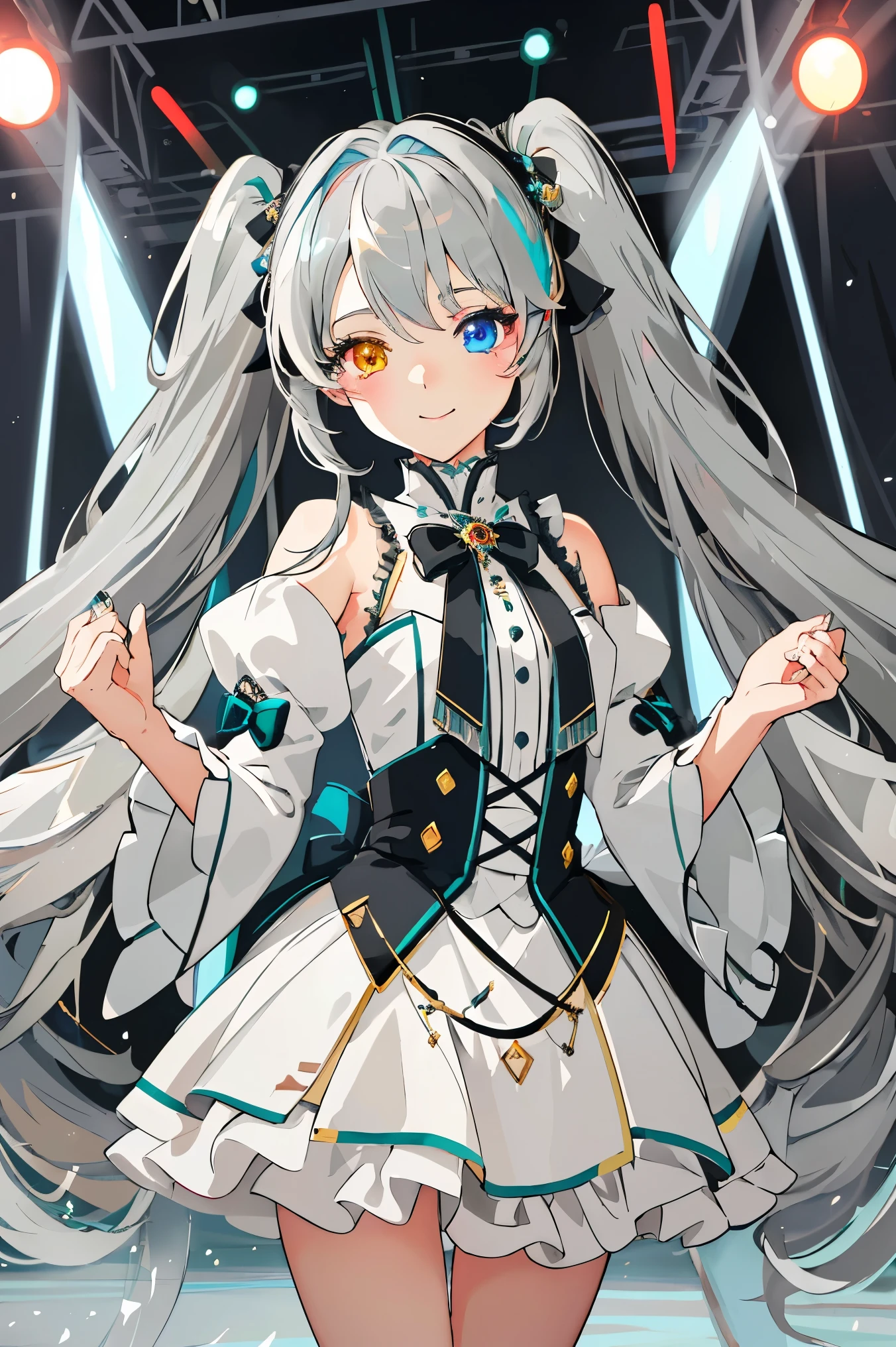 masterpiece, highest quality, super detailed, figure, very delicate and beautiful,
1 girl, alone, light smile,
hatsune miku,twin tails,(live stage), particles of light, ((gray hair)), fluffy hair, ((((heterochromia)))), ((red eyes)), green eyes