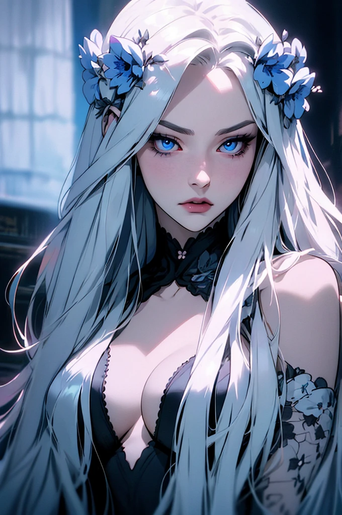 hyper-realistic of a mysterious woman with flowing silver hair, piercing blue eyes, and a delicate floral crown, upper body