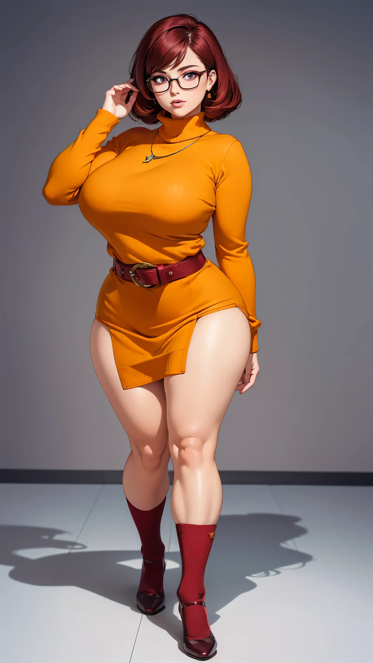 ((masterpiece, best quality, ultra-detailed, ultra-HD, photorealistic, cinematic)), (wide camera shot, full body view:1.5), (sensual pose, standing), (alluring and voluptuous female as Velma Dinkley:1.2), perfect anatomy, perfect face, proportioned hands, (deep shade of auburn with a slight natural wave hair color, chin-length bob with blunt bangs hairstyle:1.3), (retro-chic style outfit, knee-length and maroon turtleneck dress:1.2), (a matching maroon belt that cinches at her waist:1.2), (thick-framed black square glasses), (wears knee-high, mustard-yellow socks that peek out just above her brown, sensible lace-up shoes), (sports a delicate, gold pendant necklace), (vibrant orange cardigan slung over her shoulders), ((dynamic background))