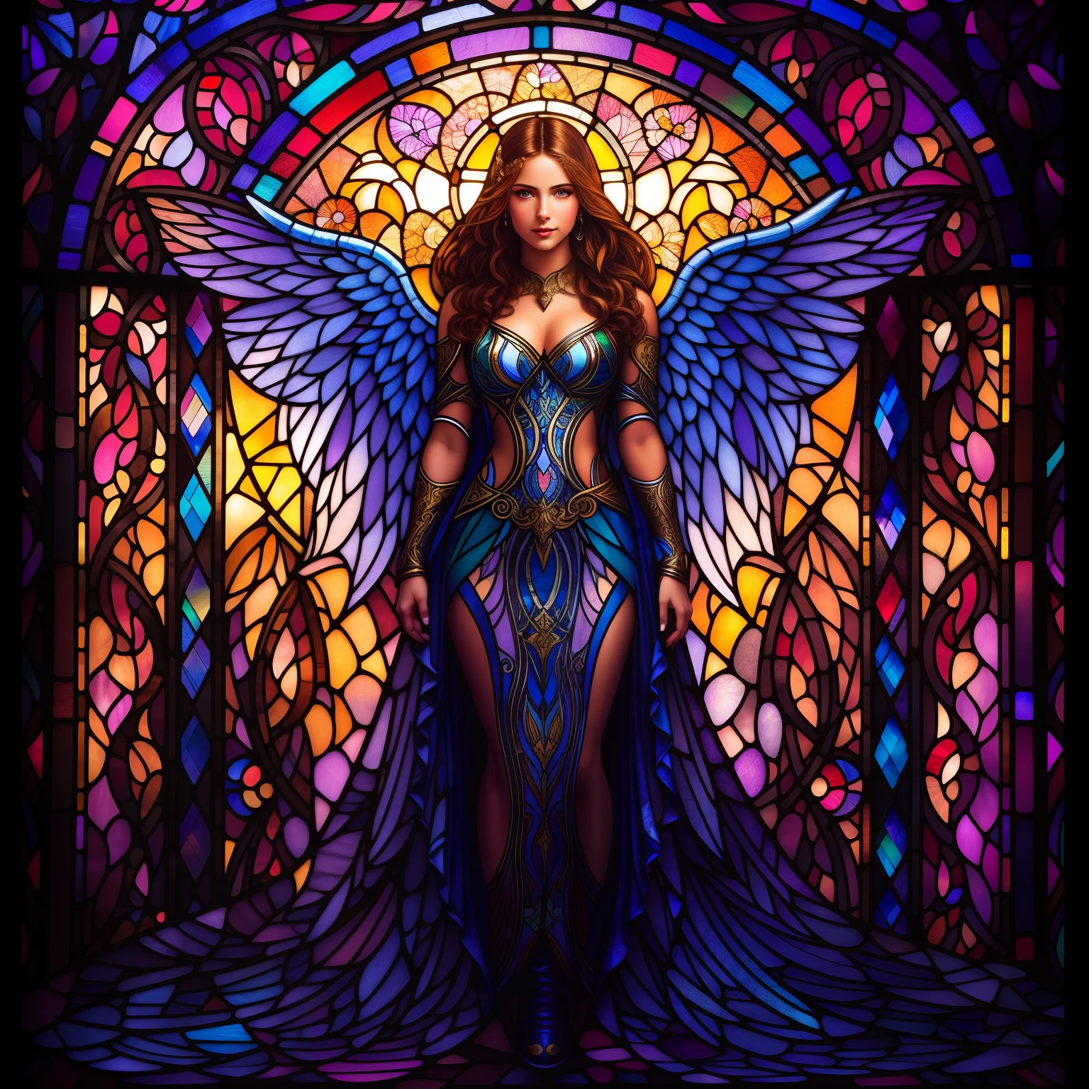  Beautiful woman with wings depicted in a stained glass window, beautiful female angel, glowing stained glass, maxim verehin stained glass, goddess. extremely high detail, stained glass wings, stained glass tarot style, beautiful angel, in the art style of dan mumford,,