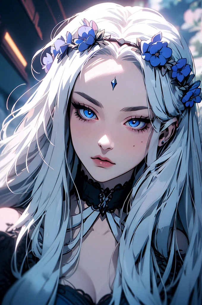 hyper-realistic of a mysterious woman with flowing silver hair, piercing blue eyes, and a delicate floral crown, upper body