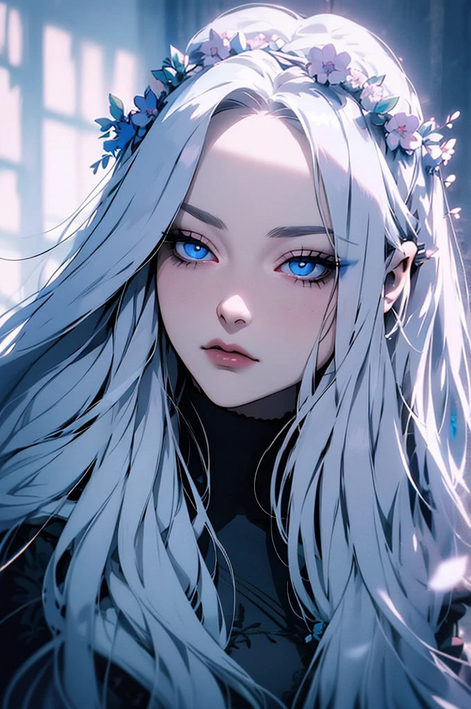 hyper-realistic of a mysterious woman with flowing silver hair, piercing blue eyes, and a delicate floral crown, upper body