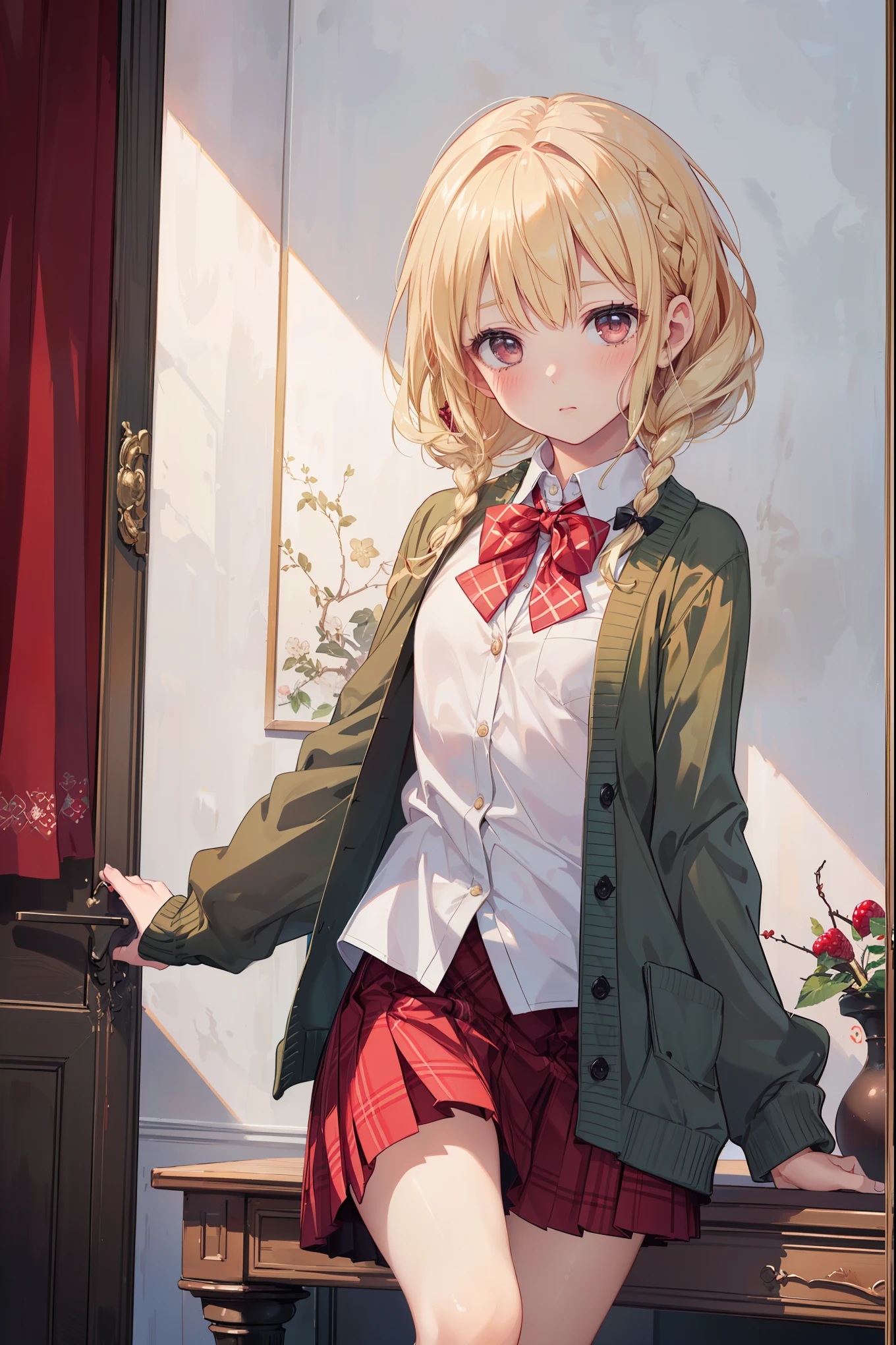 ((Masterpiece, Top Quality, High Resolution, UHD, Perfect Pixel, Depth of Field, 8k, RTX, HDR)), 1 Girl, Single, Solo, Beautiful Anime Girl, Beautiful Art Style, Rustic Anime Character, ((One Legs Bob, Medium Hair, Bangs, Blonde Hair Braids: 0 .5))), ((Deep Red Deep Red Color Eyes: 1.4, Round Eyes, Beautiful Eyelashes, Realistic Eyes)), ((Detailed Face, Blush: 1.2)), ((Smooth Texture: 0.75, Realistic Texture: 0.65, Photo Realistic: 1.1, Anime CG Style)), Dynamic Angle, Perfect Body, (( Portrait, framed)), ((green and yellow starched bow tie, uniform, black jacket, open jacket, deep red cardigan, white shirt, black skirt, plaid skirt)), mocking, mocking, small, small raspberry, cute, very cute raspberry, Really ridiculously cute and adorable little raspberry.