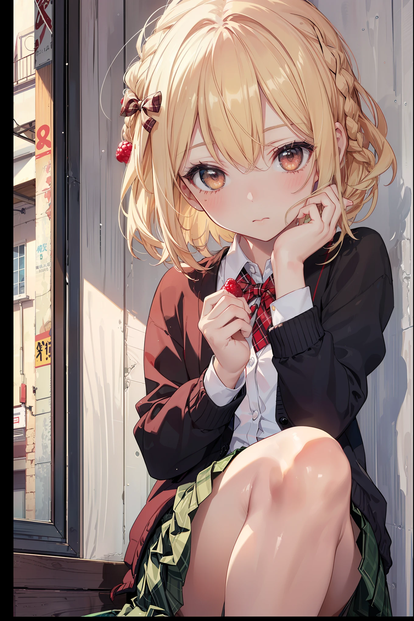 ((Masterpiece, Top Quality, High Resolution, UHD, Perfect Pixel, Depth of Field, 8k, RTX, HDR)), 1 Girl, Single, Solo, Beautiful Anime Girl, Beautiful Art Style, Rustic Anime Character, ((One Legs Bob, Medium Hair, Bangs, Blonde Hair Braids: 0 .5))), ((Deep Red Deep Red Color Eyes: 1.4, Round Eyes, Beautiful Eyelashes, Realistic Eyes)), ((Detailed Face, Blush: 1.2)), ((Smooth Texture: 0.75, Realistic Texture: 0.65, Photo Realistic: 1.1, Anime CG Style)), Dynamic Angle, Perfect Body, (( Portrait, framed)), ((green and yellow starched bow tie, uniform, black jacket, open jacket, deep red cardigan, white shirt, black skirt, plaid skirt)), mocking, mocking, small, small raspberry, cute, very cute raspberry, Really ridiculously cute and adorable little raspberry.