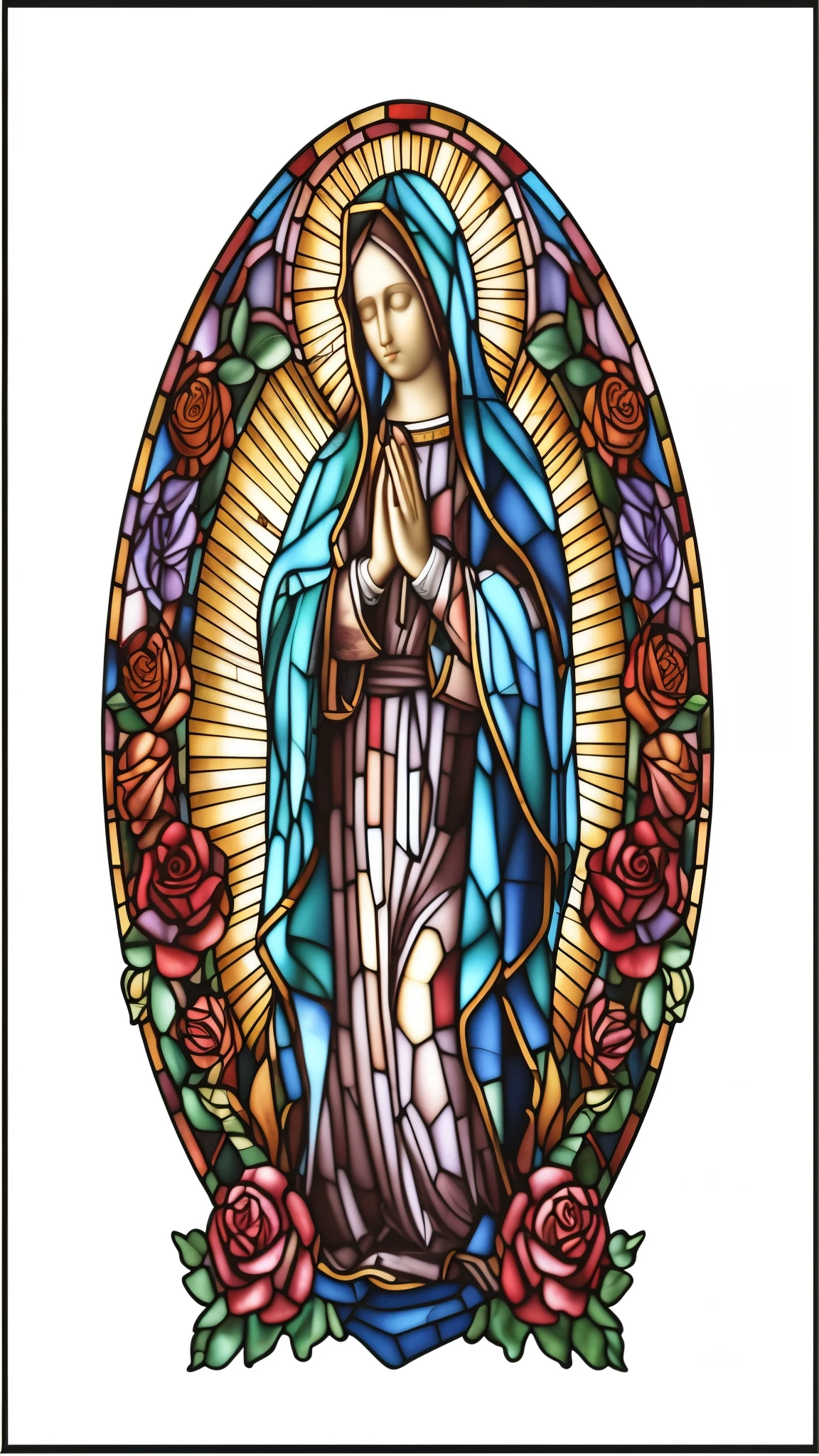 a stained glass image of the Virgin de Guadalupe roses, virgin de Guadalupe, catholic religious art, stained glass art, holy, stained glass style, by Joe Mangrum, masterpiece stained glass, portrait of virgin de Guadalupe,  majestic saint woman, stained glass, backlit stained glass, stain glass, created in adobe illustrator, immaculately detailed