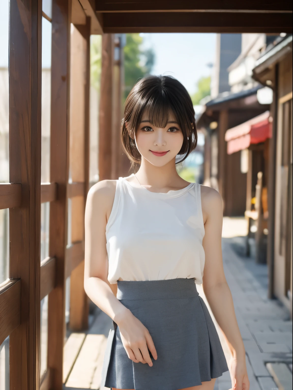 masterpiece、8K、32K、highest quality、(detailed eye)、(cute japanese woman、bangs)、23 years old、1 girl、elegant、(Detailed background depiction、Portrait:1.2)、Tank top、(mini skirt:1.3)、japanese alley、standing、sunlight、daytime、smile、cowboy shot