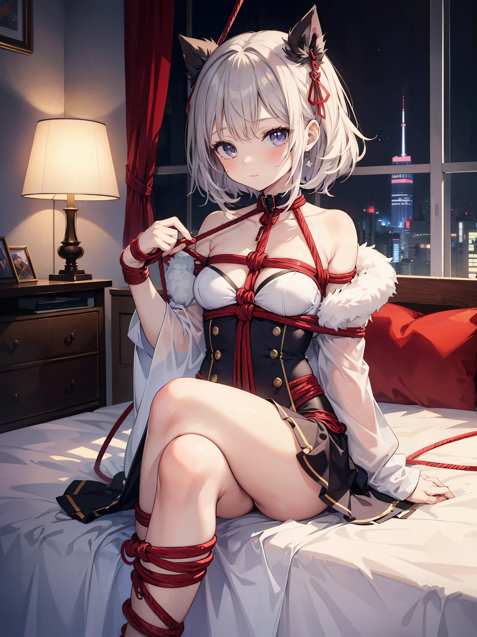 (masterpiece, highest quality:1.2), 1 girl, alone, anime girl sitting on bed，crossed legs, seductive anime girl, Small curvaceous ,, cute anime girl，Rope bondage SM bondage，binding