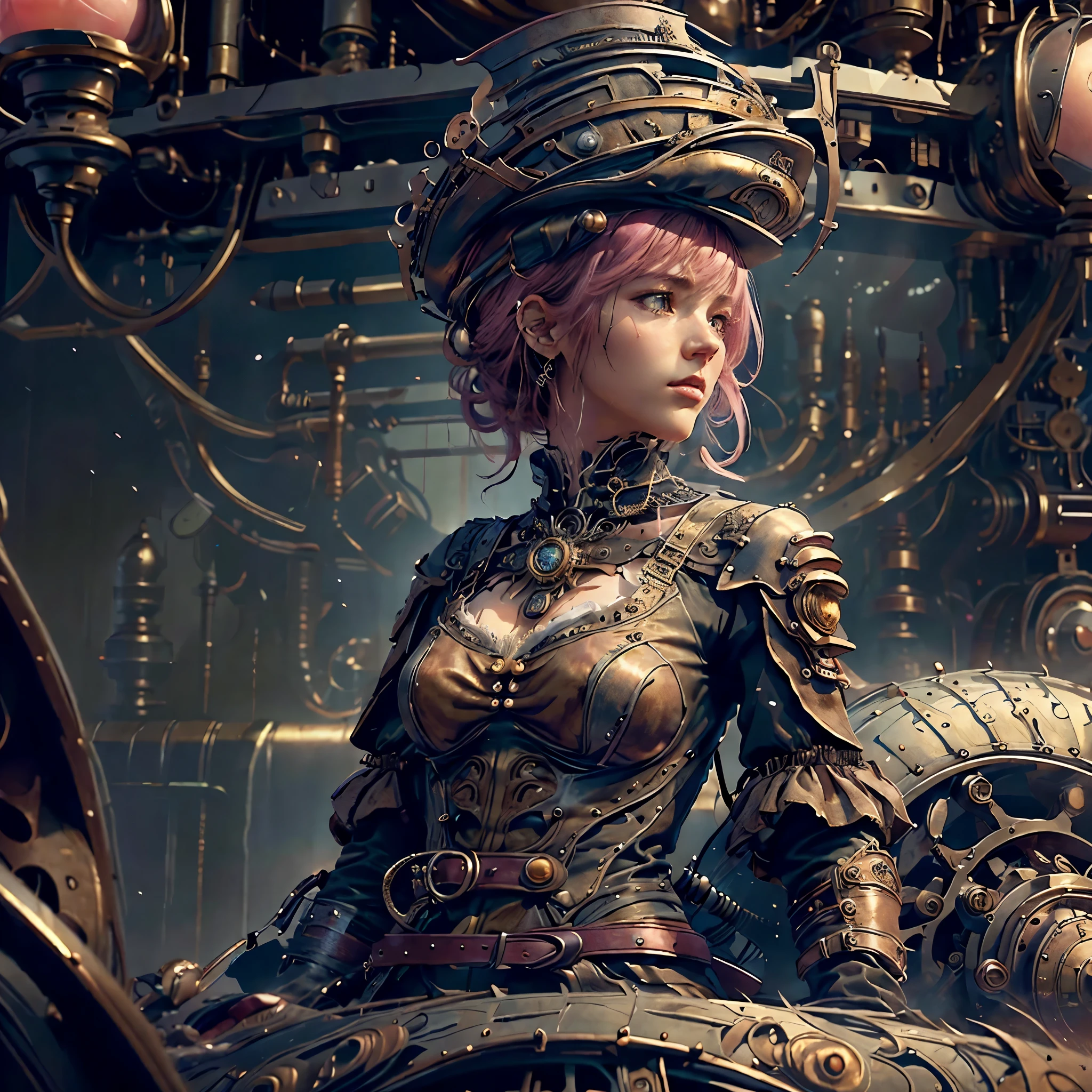 best pixels, best quality, masterpiece, ultra detail, 8 thousand, RAW photos, realistic 빛, cinematic composition, victorian era background, steampunk concept, 18 year old cute western girl, Profile photo looking forward, Fedora and clothing with steampunk design, cute sexy, depth of field, (Concentrate upon: 1.2), Bright atmosphere, In dynamic movement, cinematic lighting, Delicate face and skin texture, good eyes, Pink hair color, action movie style, vivid colors, realistic, realistic,