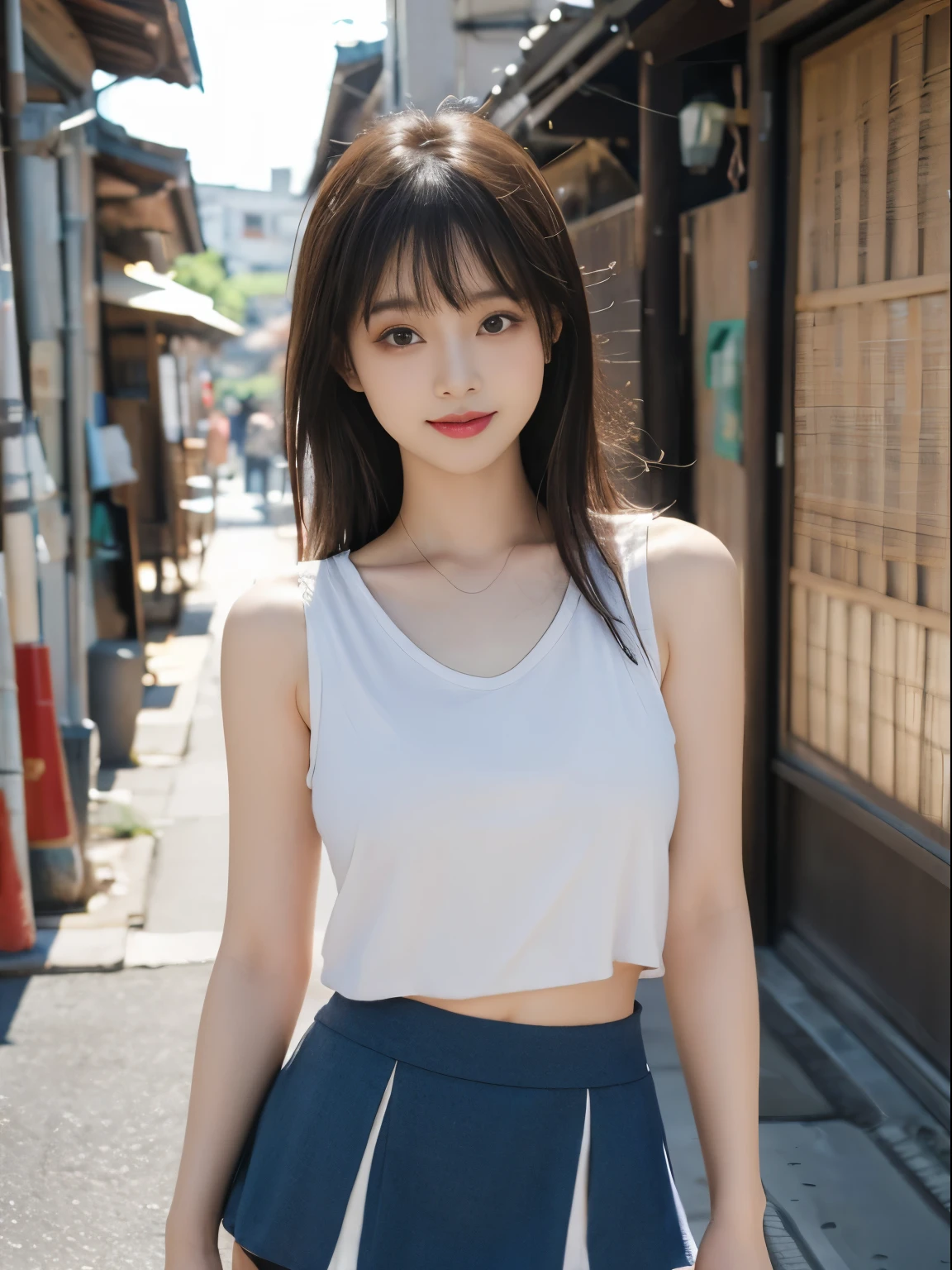 masterpiece、8K、32K、highest quality、(detailed eye)、(cute japanese woman、bangs)、23 years old、1 girl、elegant、(Detailed background depiction、Portrait:1.2)、Tank top、(mini skirt:1.3)、japanese alley、standing、sunlight、daytime、smile、cowboy shot