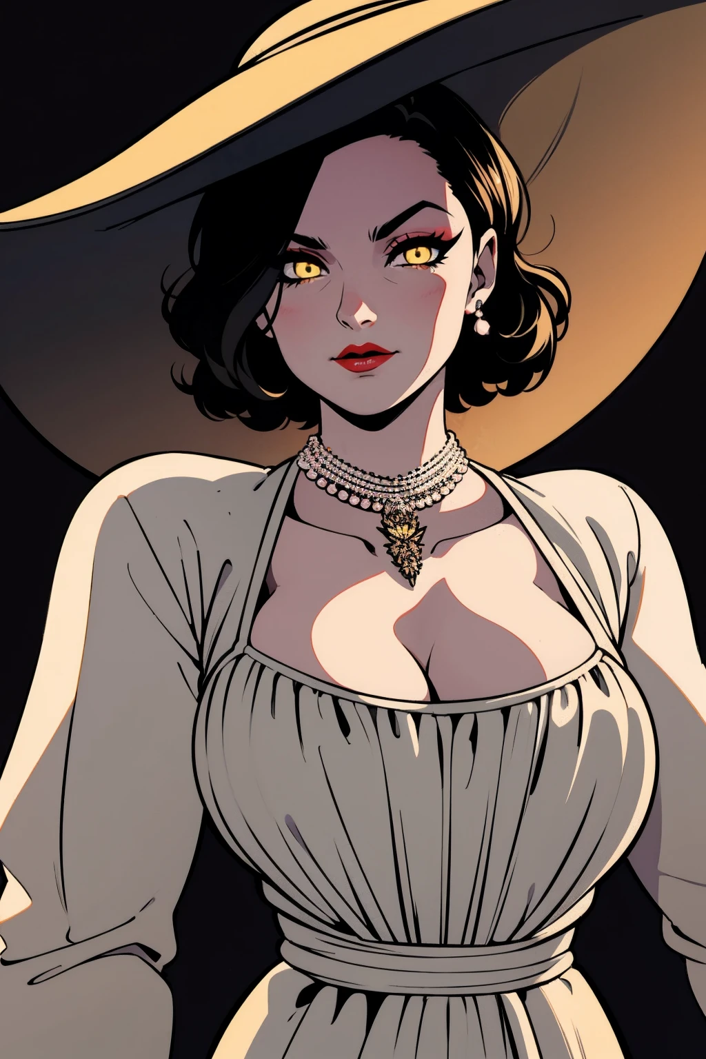 Alcina, yellow eyes,black hair,short hair, lipstick, mature woman, make up, veiny skin, curvy, white dress, hat, single earring, cleavage, pearl necklace, black gloves, 1girl, solo, facing viewer, looking at viewer, whole body, backwards, looking at us