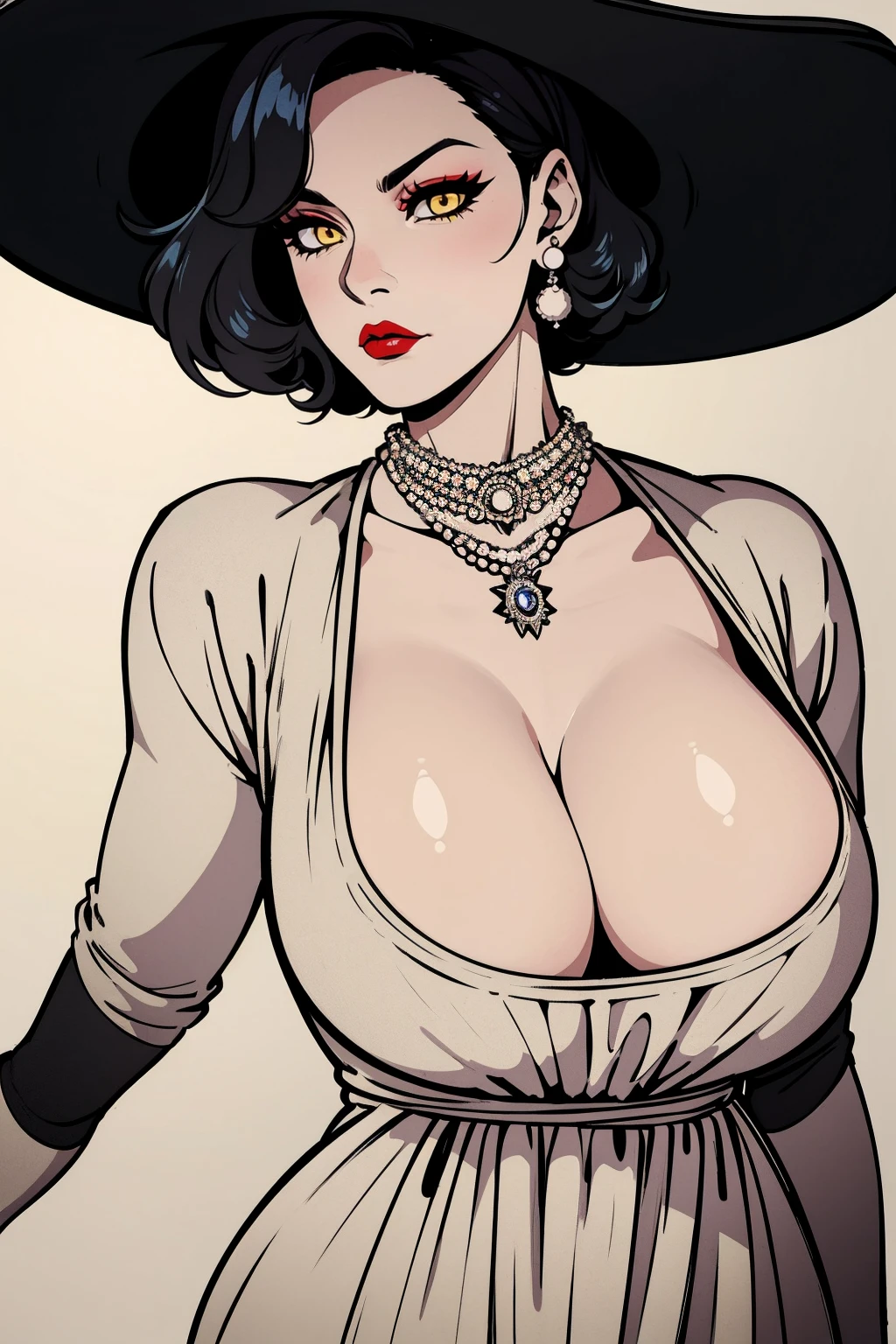 Alcina, yellow eyes,black hair,short hair, lipstick, mature woman, make up, veiny skin, curvy, white dress, hat, single earring, cleavage, pearl necklace, black gloves, 1girl, solo, facing viewer, looking at viewer, whole body, backwards, looking at us
