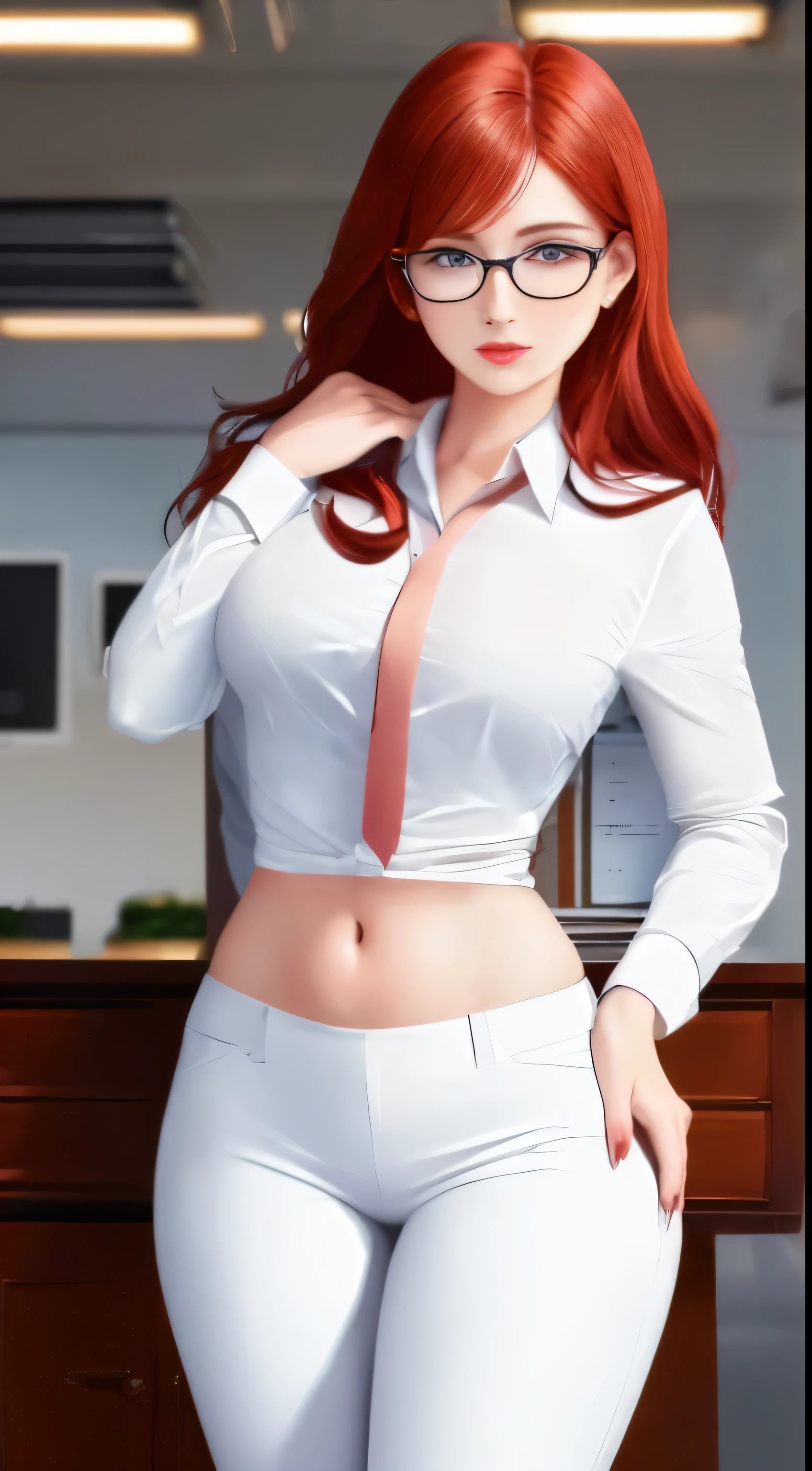/paint (masterpiece, Best quality), 8K, ultra detailed, realistic photo, Detailed face, perfect lighting, Beautiful eyes, bright red hair, bright hair, nice legs, side photo, beautiful, Cute, skin pores, 1 girl, stand in the office, hiking, Office pants, perfect shirt, fully dressed, beautiful women 20 years old, Beautiful proportions, Russian woman, Caucasian, European, Businesswoman, stunningly beautiful woman, mother, thick legs, big breasts, (Thin white shirt:1.4), thick, hot, (White Office Wear:1.4), tight pants, (wide hips:1.2), thick, (white Office pants:1.3), spread your legs, Legs open, full length, wide hips, Glasses