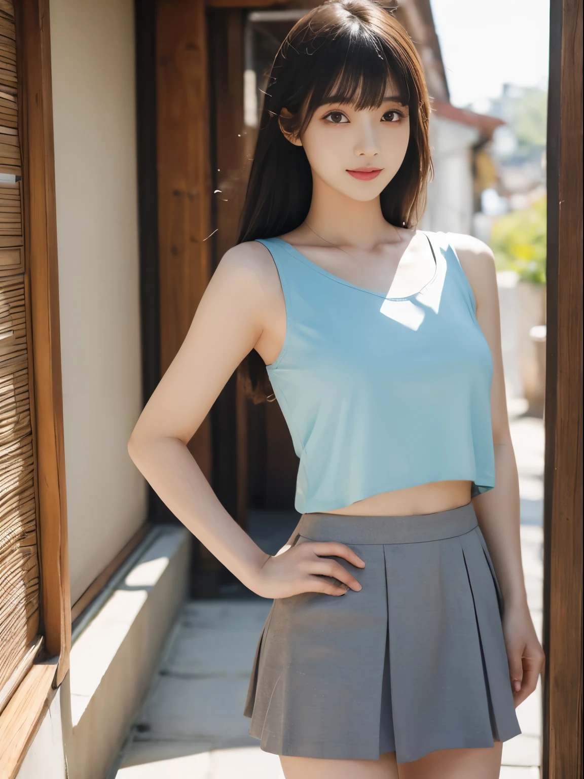 masterpiece、8K、32K、highest quality、(detailed eye)、(cute japanese woman、bangs)、23 years old、1 girl、elegant、(Detailed background depiction、Portrait:1.2)、Tank top、(mini skirt:1.3)、japanese alley、standing、sunlight、daytime、smile、cowboy shot