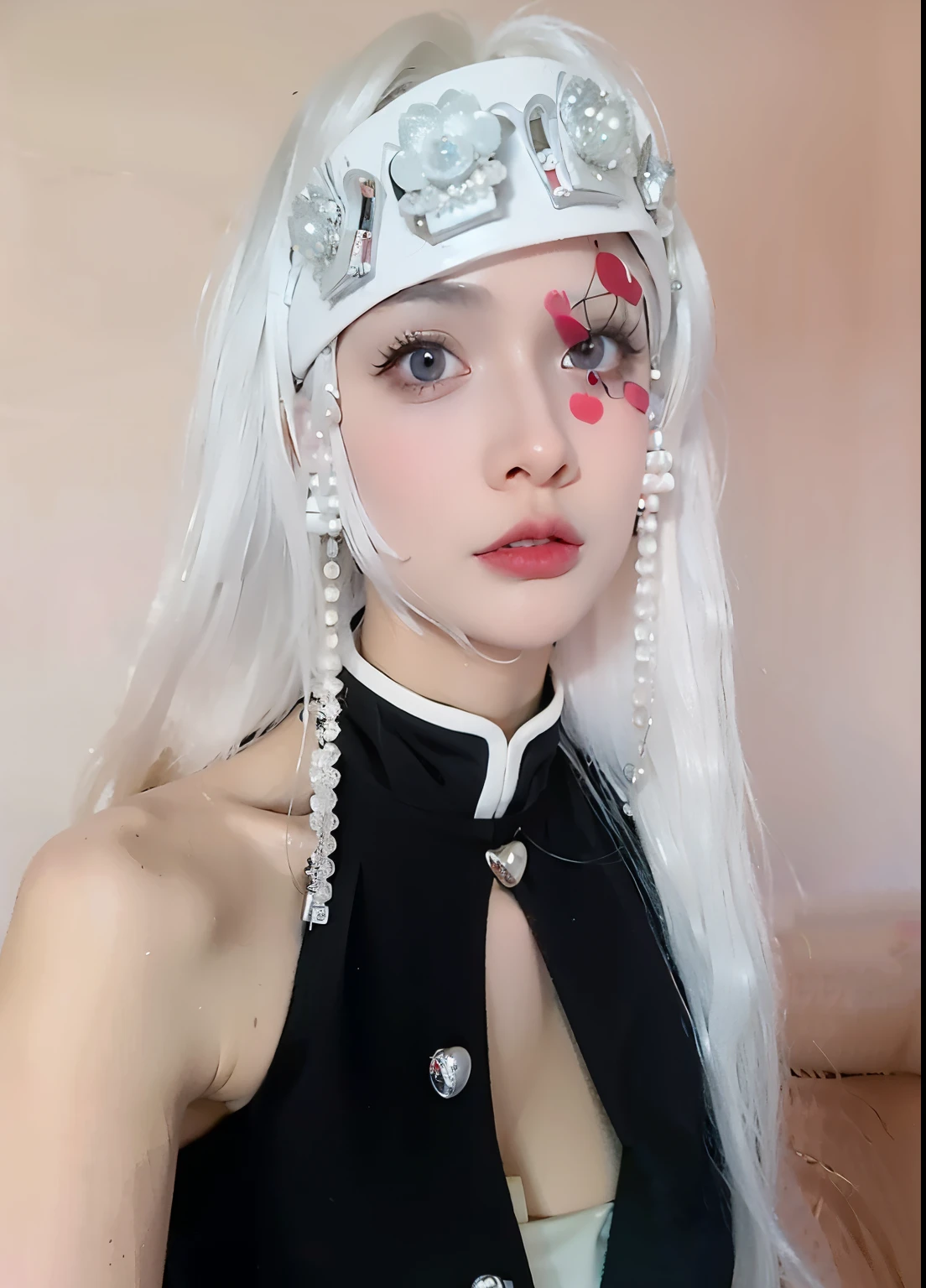 a close up of a woman con pelo largo y blanco wearing a white headpiece, cara de ahegao, Anime de cosplay, peinado de corte hime blanco, ahegao, Anime Girl Cosplay, bella delfina, inspirado en anime, deidad de pelo blanco, barbie anime en blanco, Kerli Koiv como chica anime, con el pelo largo y blanco, con pelo largo y blanco, diosa japonesa