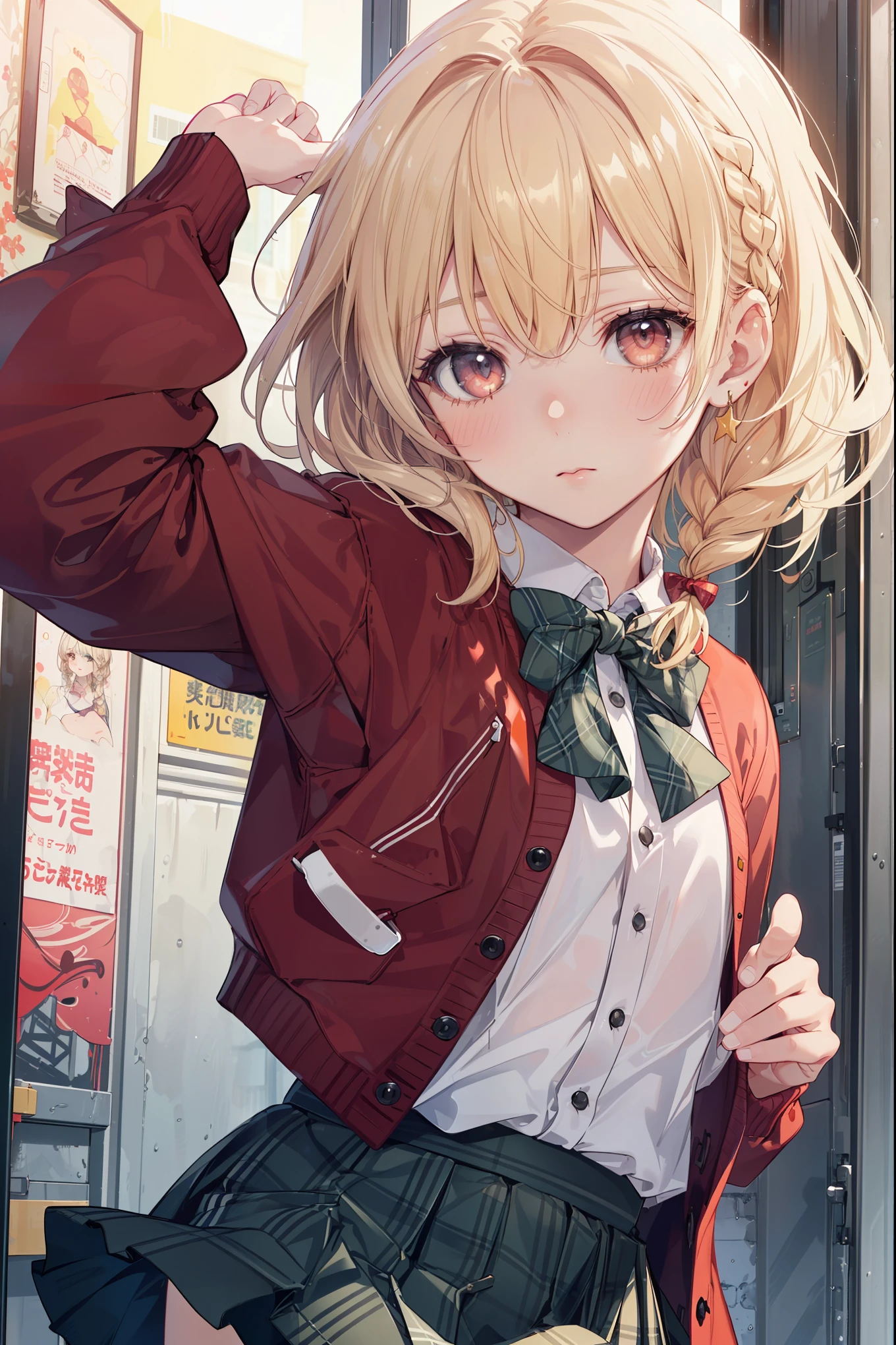 ((Masterpiece, Top Quality, High Resolution, UHD, Perfect Pixel, Depth of Field, 8k, RTX, HDR)), 1 Girl, Single, Solo, Beautiful Anime Girl, Beautiful Art Style, Rustic Anime Character, ((One Legs Bob, Medium Hair, Bangs, Blonde Hair Braids: 0 .5))), ((Deep Red Deep Red Color Eyes: 1.4, Round Eyes, Beautiful Eyelashes, Realistic Eyes)), ((Detailed Face, Blush: 1.2)), ((Smooth Texture: 0.75, Realistic Texture: 0.65, Photo Realistic: 1.1, Anime CG Style)), Dynamic Angle, Perfect Body, (( Portrait, framed)), ((green and yellow starched bow tie, uniform, black jacket, open jacket, deep red cardigan, white shirt, black skirt, plaid skirt)), mocking, mocking, small, small raspberry, cute, very cute raspberry, Really ridiculously cute and adorable little raspberry.