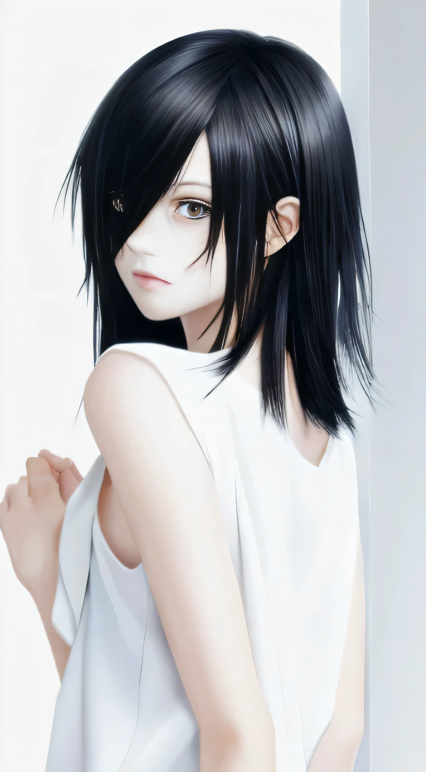 anime,(face),(beautiful detailed eyes), black hair,sliver eyes, masterpiece,looking at viewer, best_quality,white background,masterpiece,white shirt, arms behind back,  