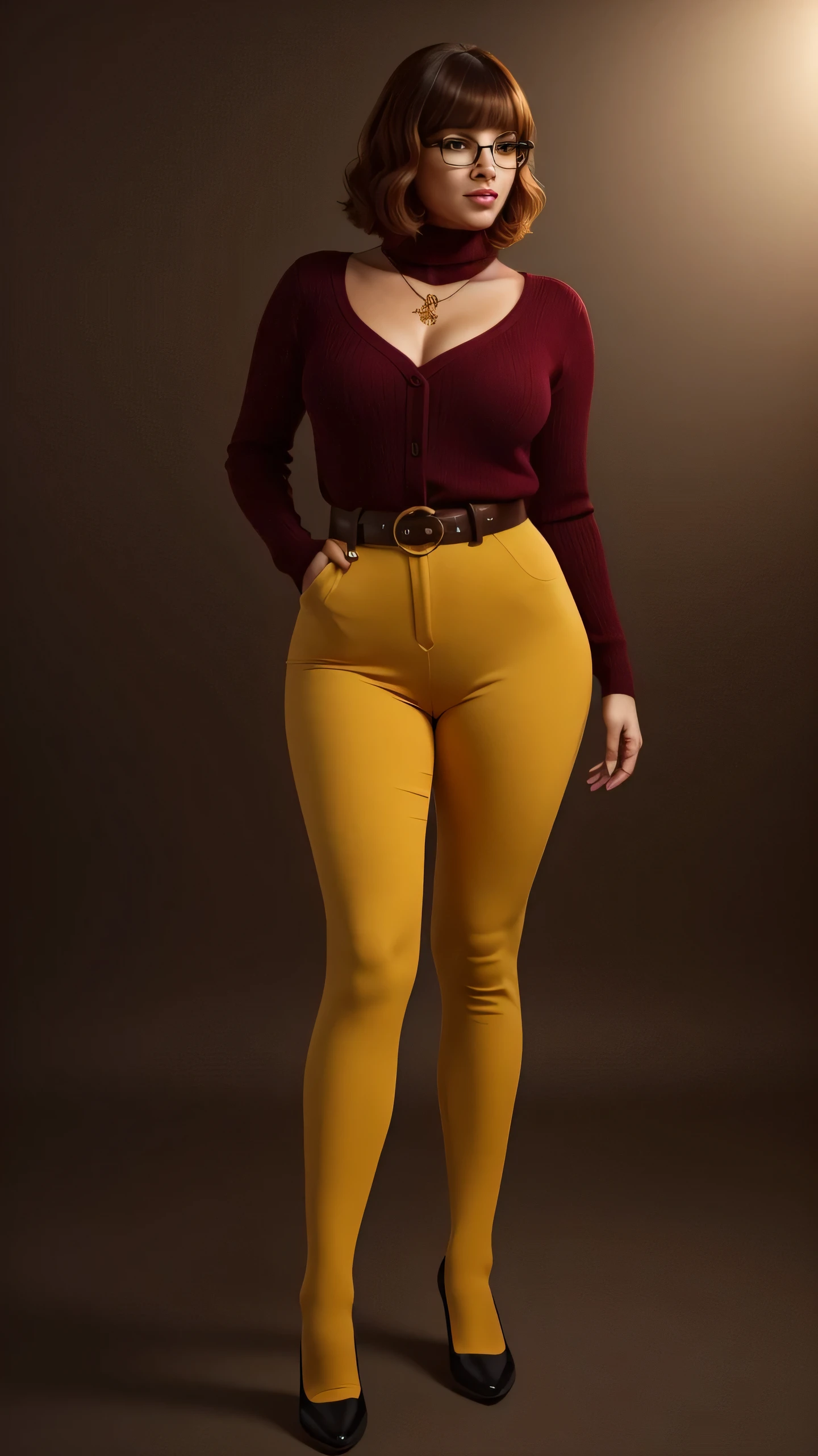 ((masterpiece, best quality, ultra-detailed, ultra-HD, photorealistic, cinematic)), (wide camera shot, full body view:1.5), (sensual pose, standing), (alluring and voluptuous female as Velma Dinkley:1.2), perfect anatomy, perfect face, proportioned hands, (deep shade of auburn with a slight natural wave hair color, chin-length bob with blunt bangs hairstyle:1.3), (retro-chic style outfit, knee-length and maroon turtleneck dress:1.2), (a matching maroon belt that cinches at her waist:1.2), (thick-framed black square glasses), (wears knee-high, mustard-yellow socks that peek out just above her brown, sensible lace-up shoes), (sports a delicate, gold pendant necklace), (vibrant orange cardigan slung over her shoulders), ((dynamic background))