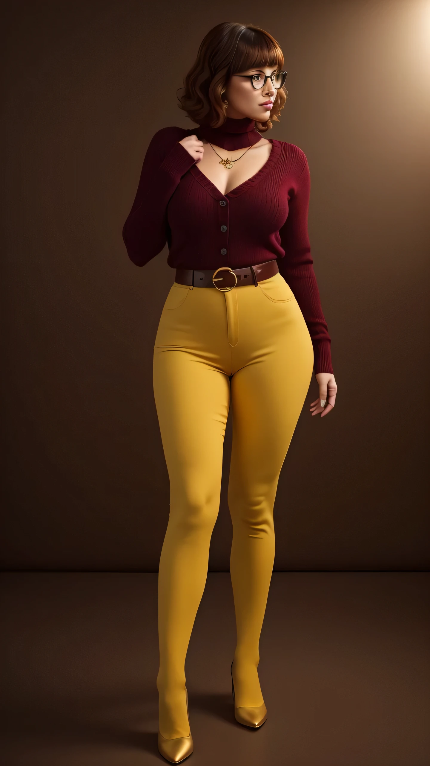 ((masterpiece, best quality, ultra-detailed, ultra-HD, photorealistic, cinematic)), (wide camera shot, full body view:1.5), (sensual pose, standing), (alluring and voluptuous female as Velma Dinkley:1.2), perfect ???????, perfect face, proportioned hands, (deep shade of auburn with a slight natural wave hair color, chin-length bob with blunt bangs hairstyle:1.3), (retro-chic style outfit, knee-length and maroon turtleneck dress:1.2), (a matching maroon belt that cinches at her waist:1.2), (thick-framed black square glasses), (wears knee-high, mustard-yellow socks that peek out just above her brown, sensible lace-up shoes), (sports a delicate, gold pendant necklace), (vibrant orange cardigan slung over her shoulders), ((dynamic background))